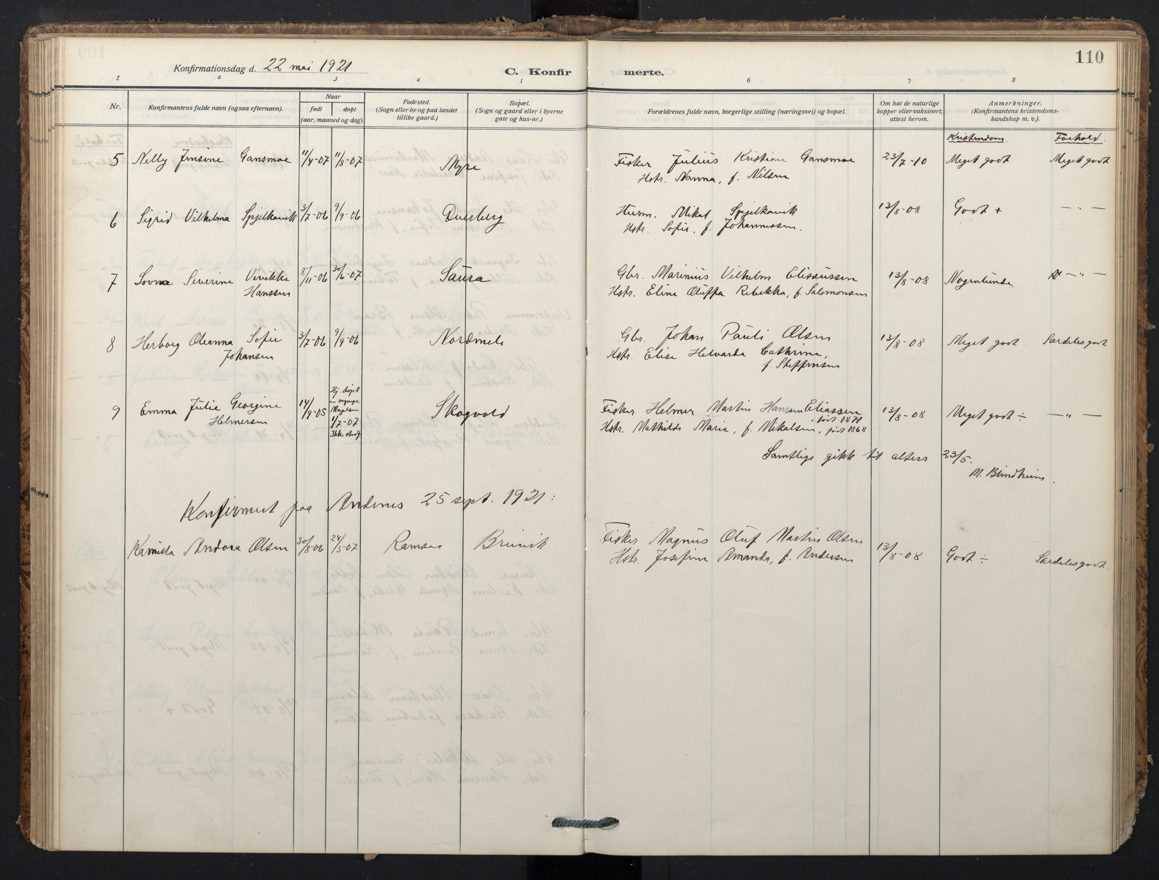 Ministerialprotokoller, klokkerbøker og fødselsregistre - Nordland, AV/SAT-A-1459/897/L1401: Parish register (official) no. 897A08, 1909-1921, p. 110