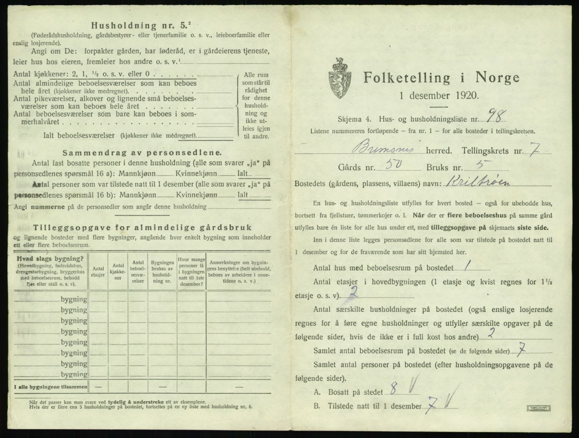 SAT, 1920 census for Bremsnes, 1920, p. 913