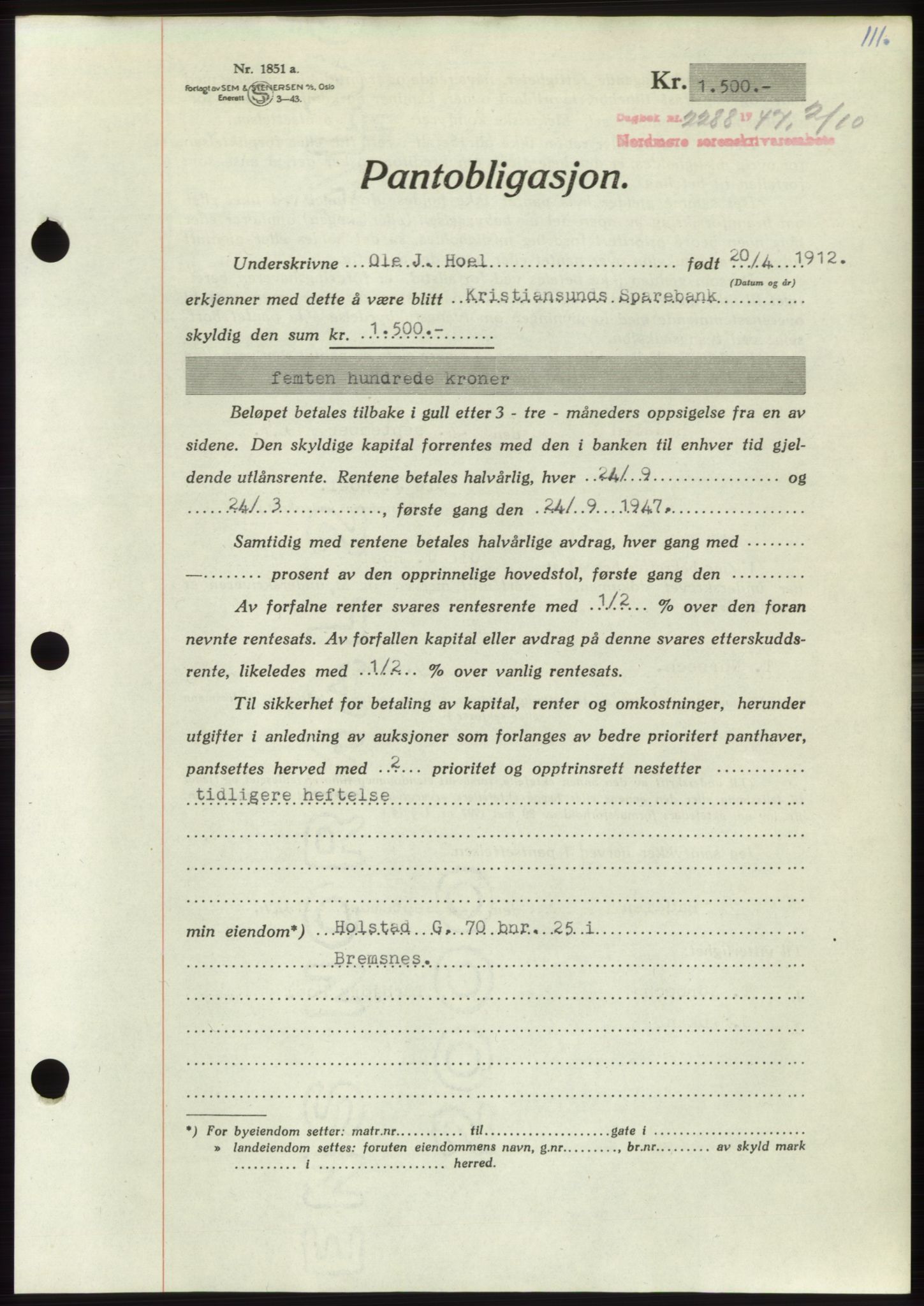 Nordmøre sorenskriveri, AV/SAT-A-4132/1/2/2Ca: Mortgage book no. B97, 1947-1948, Diary no: : 2288/1947