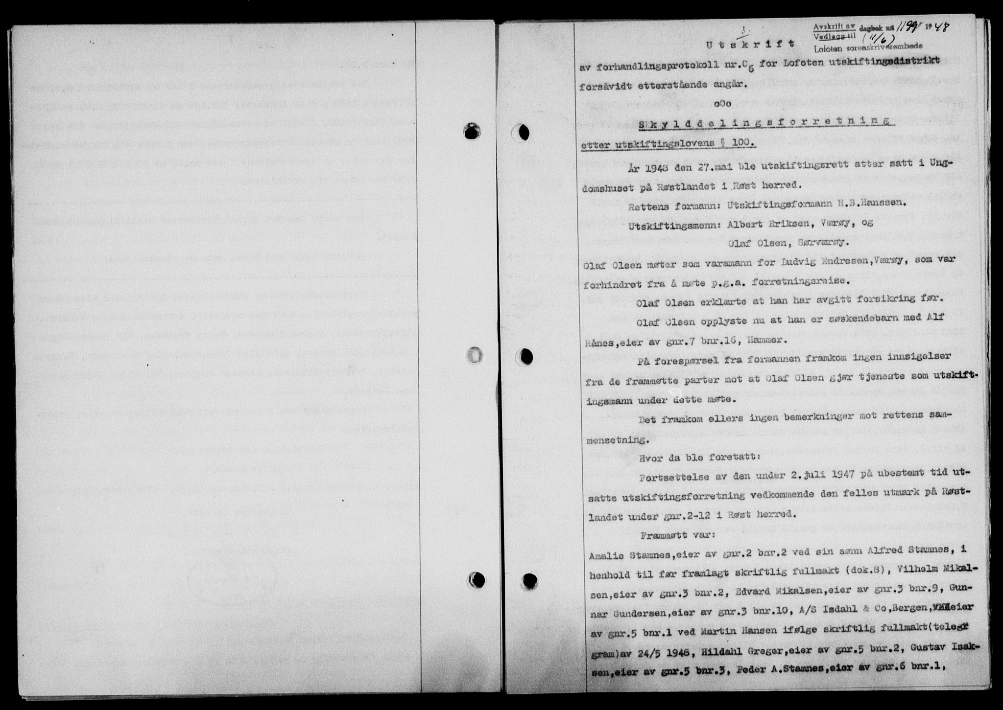 Lofoten sorenskriveri, SAT/A-0017/1/2/2C/L0018a: Mortgage book no. 18a, 1948-1948, Diary no: : 1199/1948