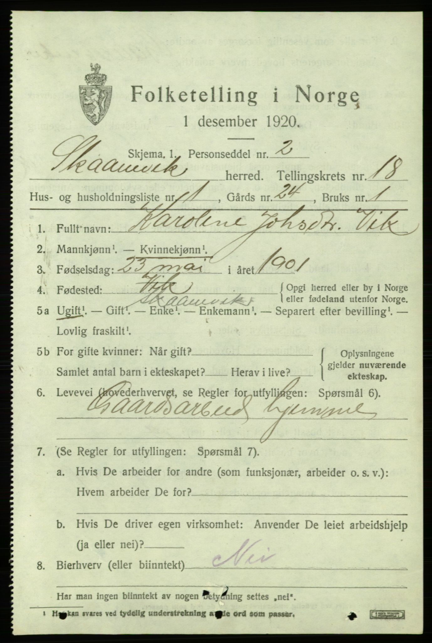 SAB, 1920 census for Skånevik, 1920, p. 6823