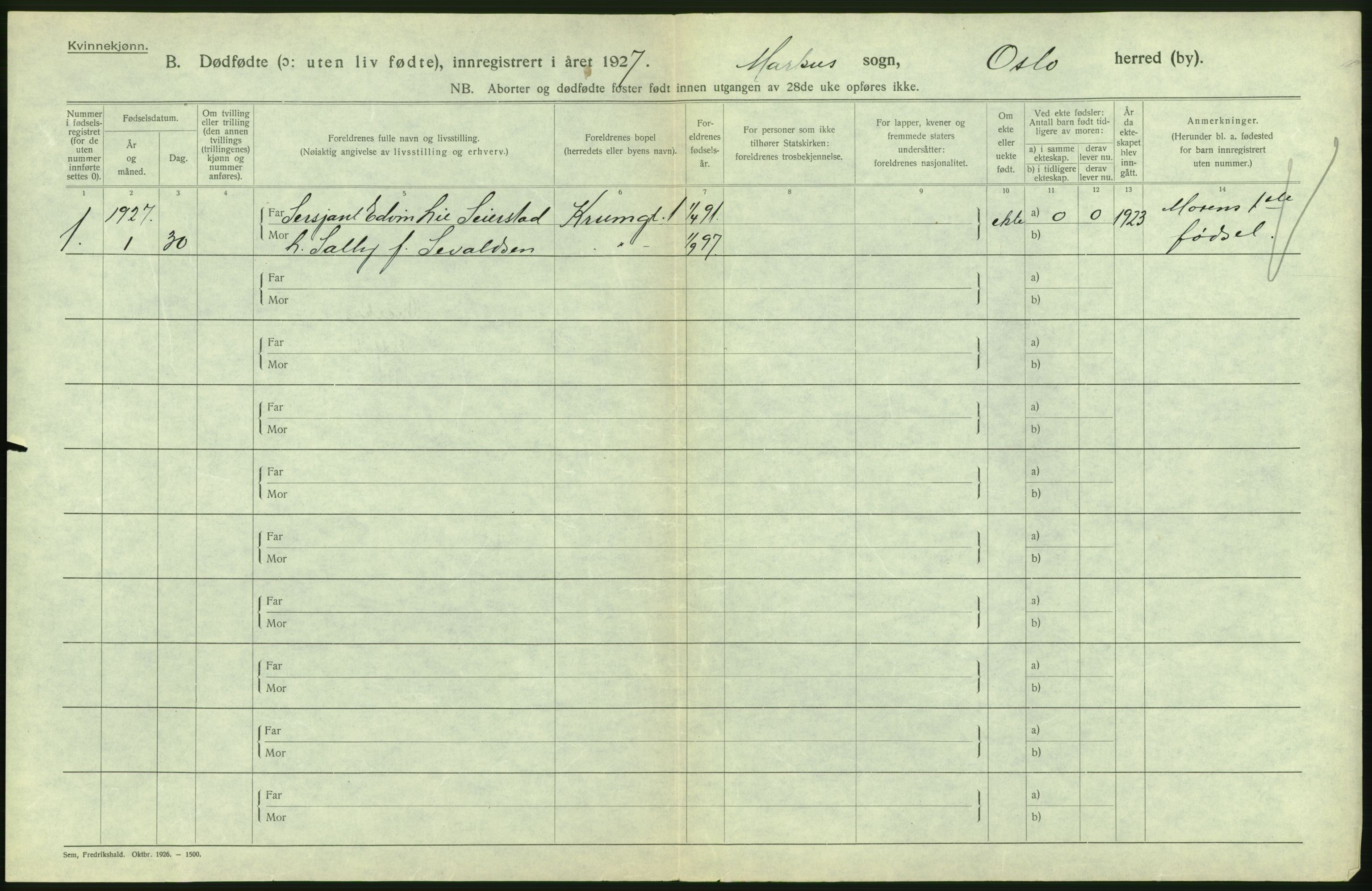 Statistisk sentralbyrå, Sosiodemografiske emner, Befolkning, AV/RA-S-2228/D/Df/Dfc/Dfcg/L0010: Oslo: Døde kvinner, dødfødte, 1927, p. 26