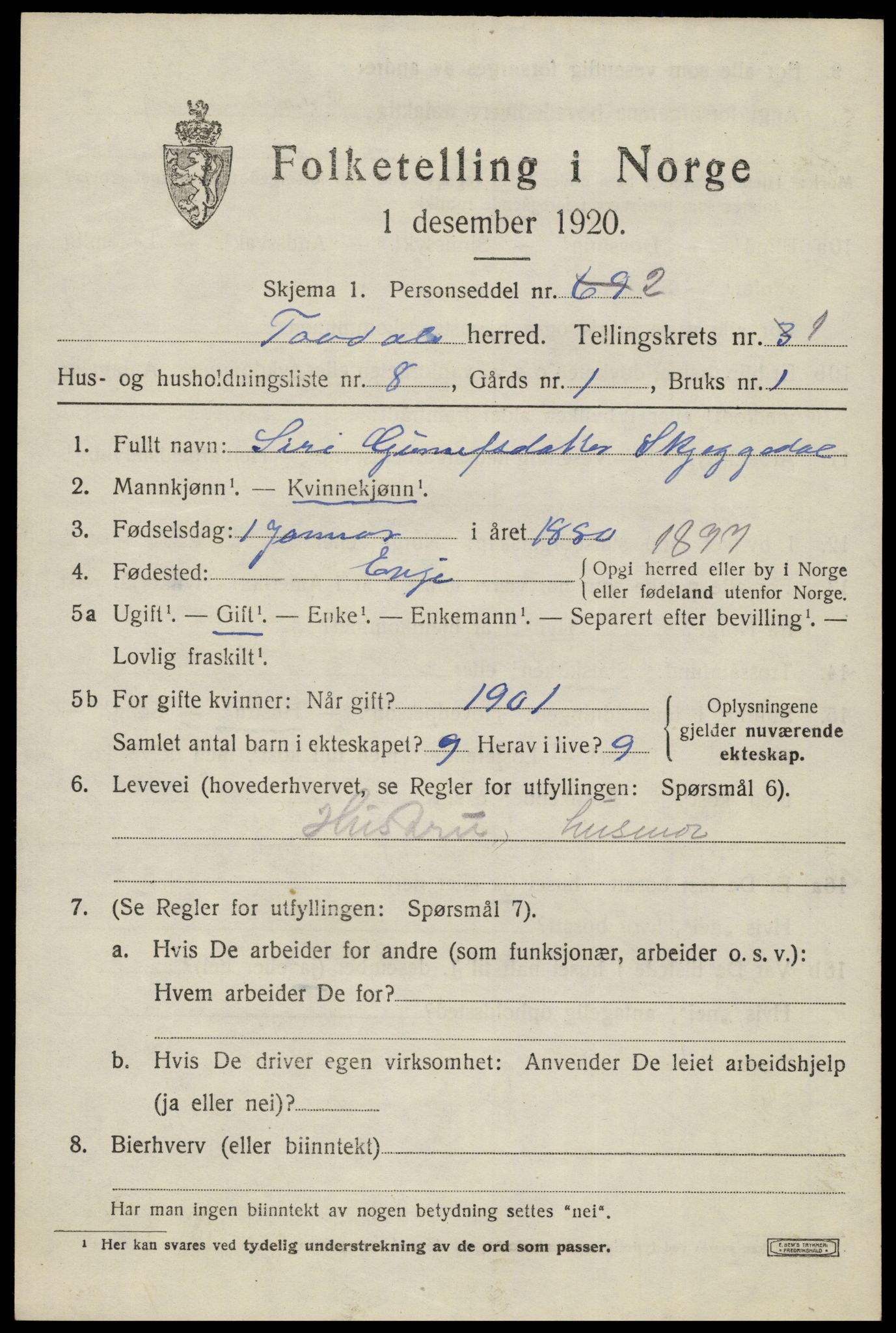 SAK, 1920 census for Tovdal, 1920, p. 281