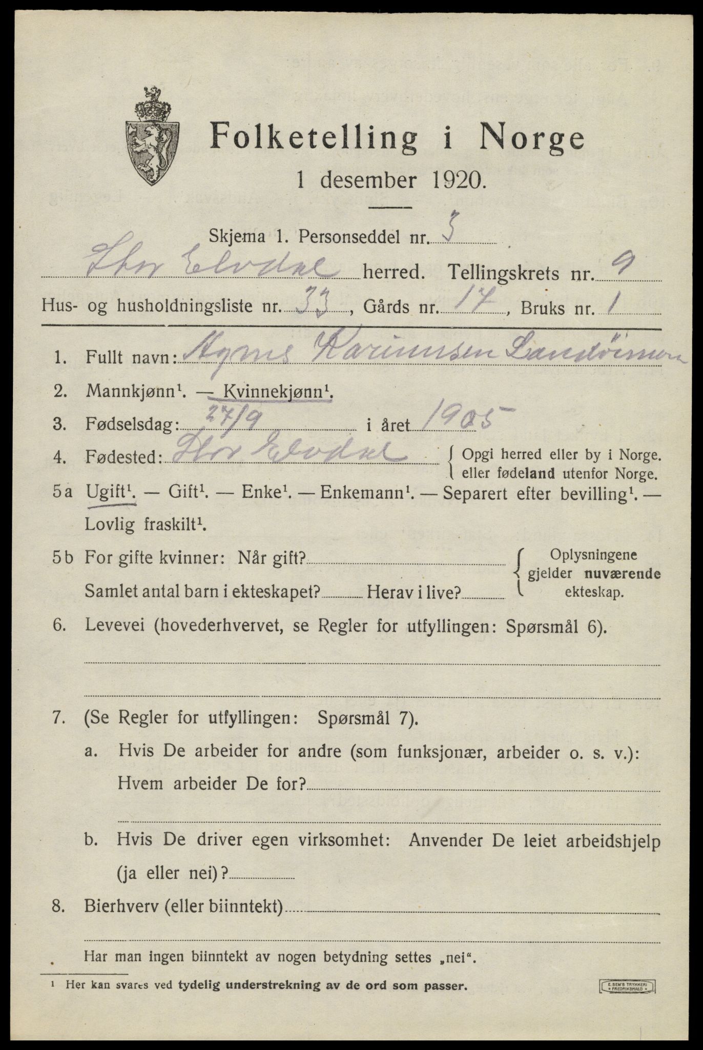 SAH, 1920 census for Stor-Elvdal, 1920, p. 8872