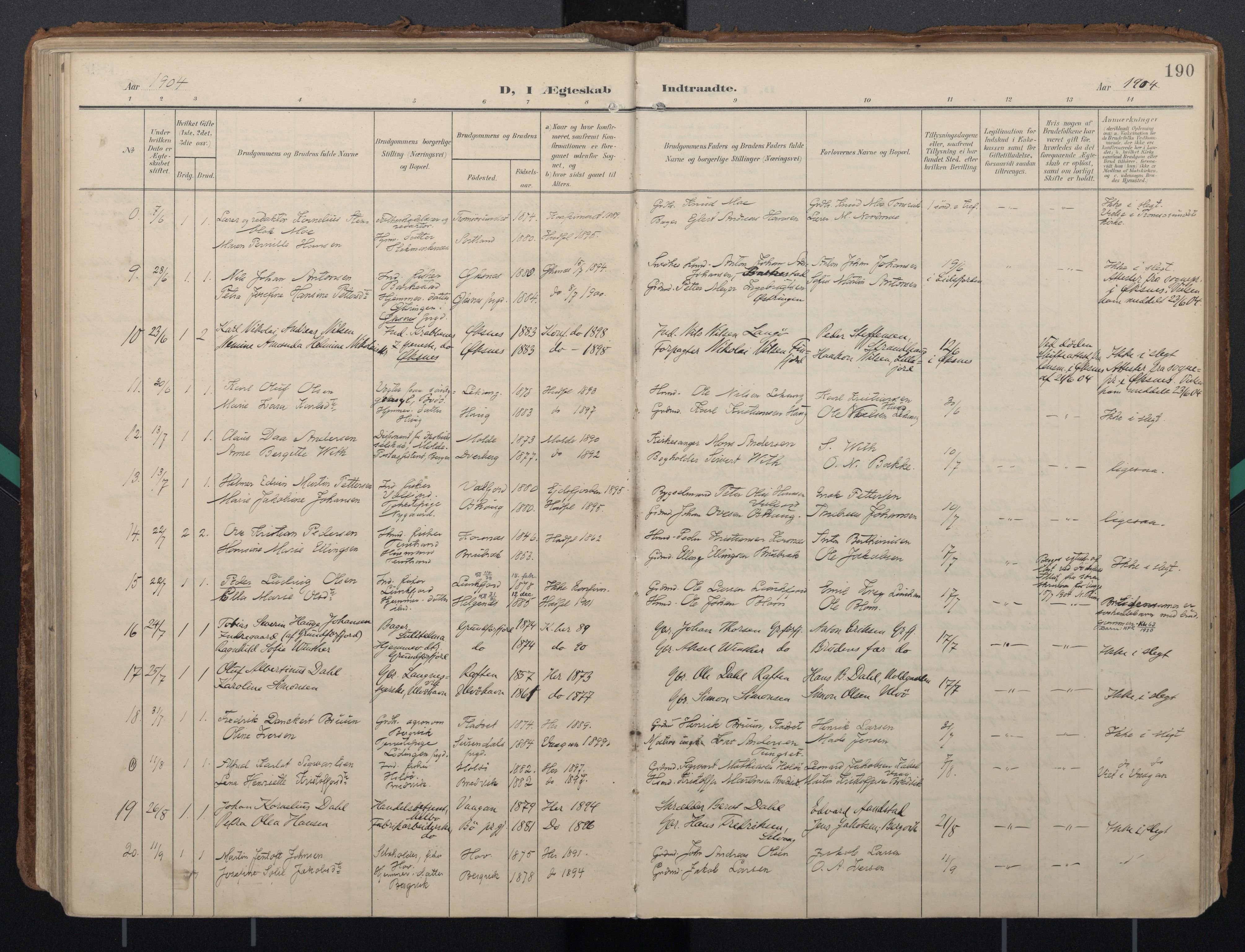 Ministerialprotokoller, klokkerbøker og fødselsregistre - Nordland, SAT/A-1459/888/L1248: Parish register (official) no. 888A14, 1904-1913, p. 190