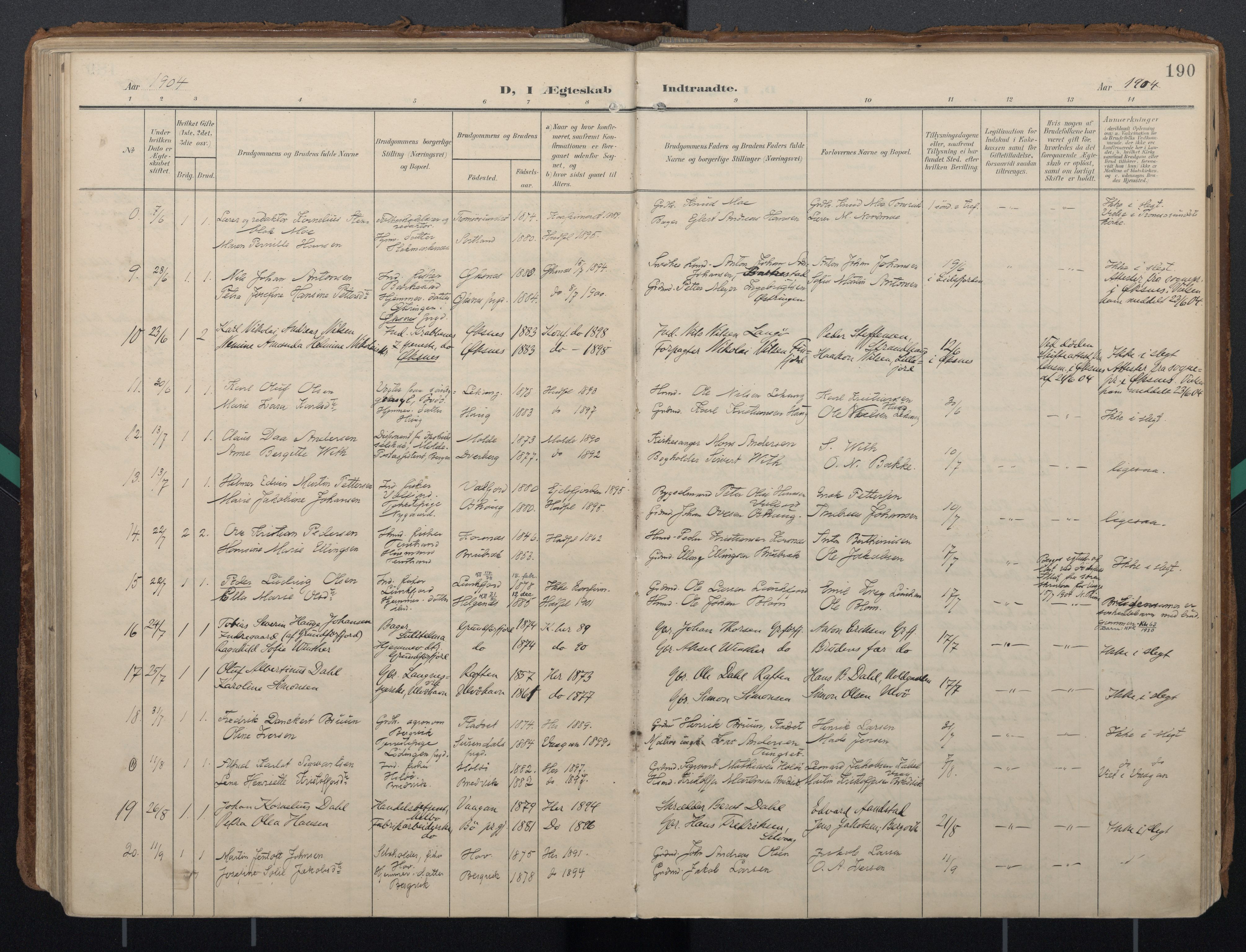 Ministerialprotokoller, klokkerbøker og fødselsregistre - Nordland, AV/SAT-A-1459/888/L1248: Parish register (official) no. 888A14, 1904-1913, p. 190