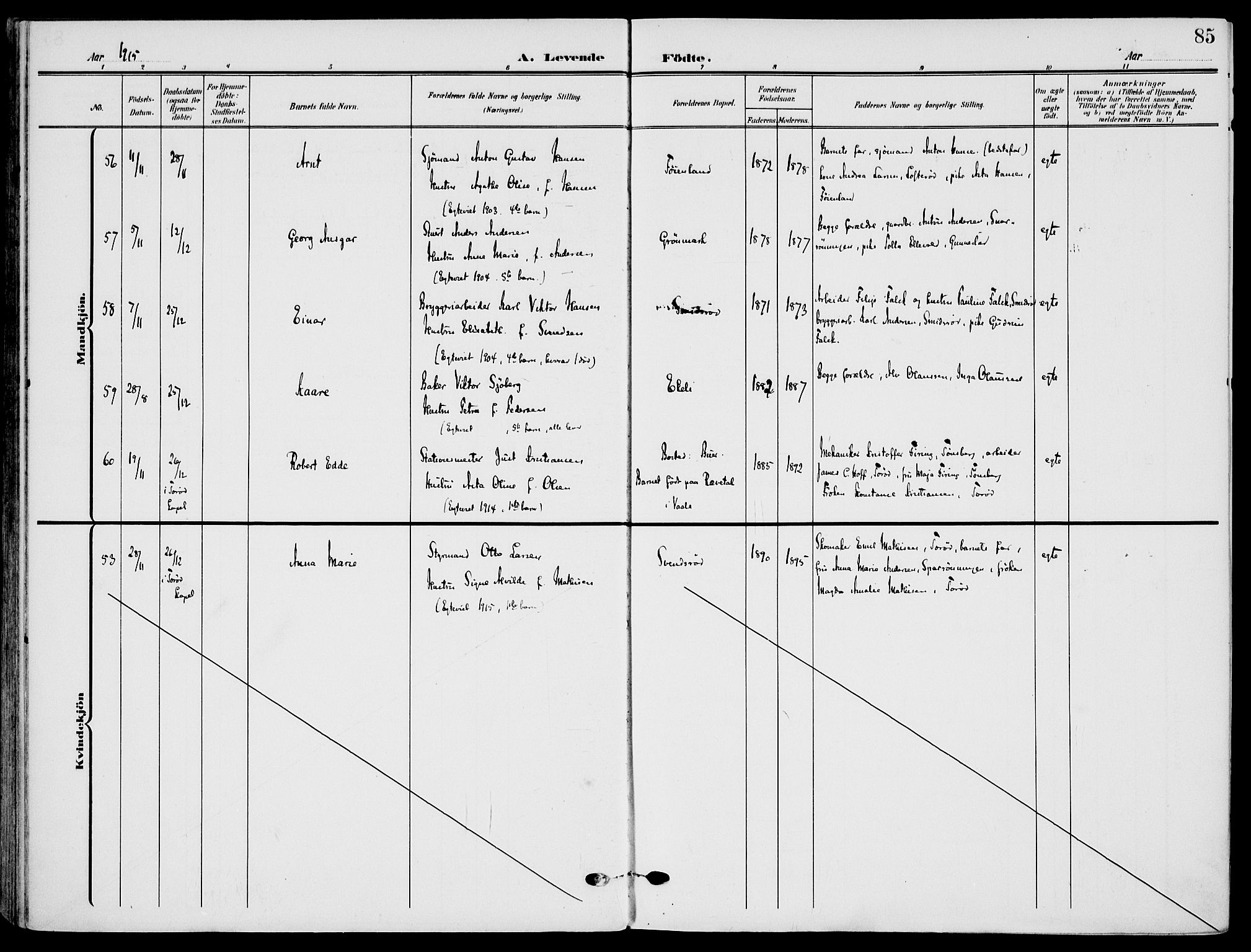 Nøtterøy kirkebøker, SAKO/A-354/F/Fa/L0010: Parish register (official) no. I 10, 1908-1919, p. 85