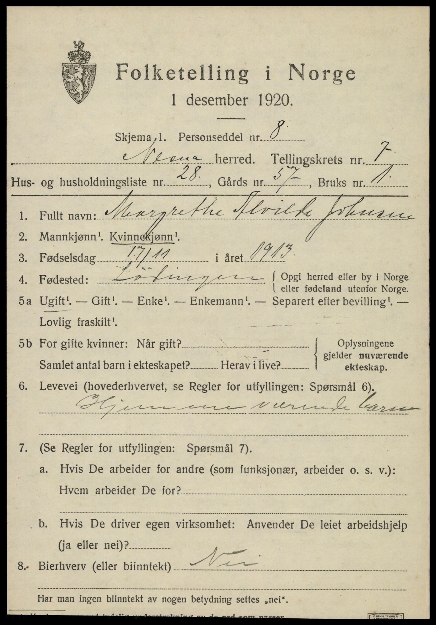 SAT, 1920 census for Nesna, 1920, p. 5747