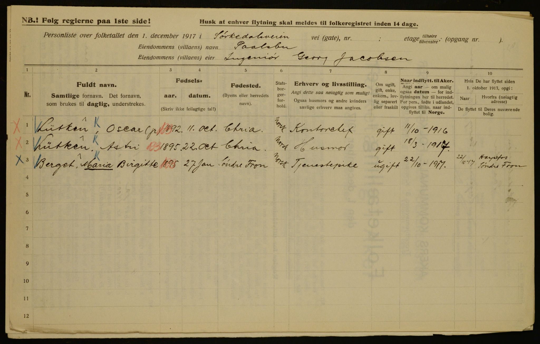 OBA, Municipal Census 1917 for Aker, 1917, p. 72