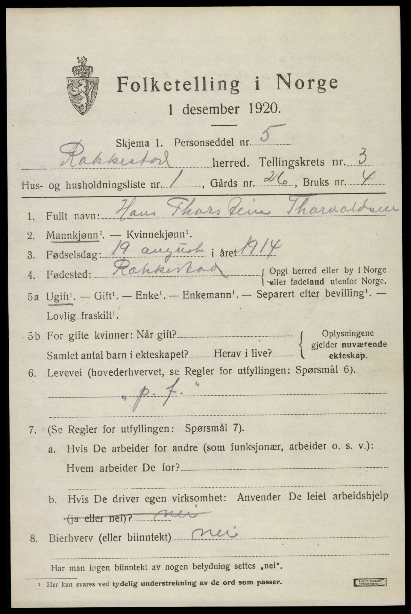 SAO, 1920 census for Rakkestad, 1920, p. 4433