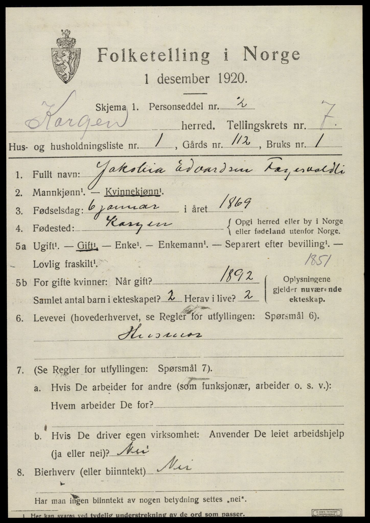 SAT, 1920 census for Korgen, 1920, p. 2784