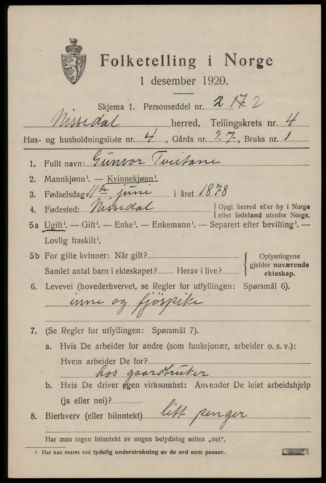 SAKO, 1920 census for Nissedal, 1920, p. 1859