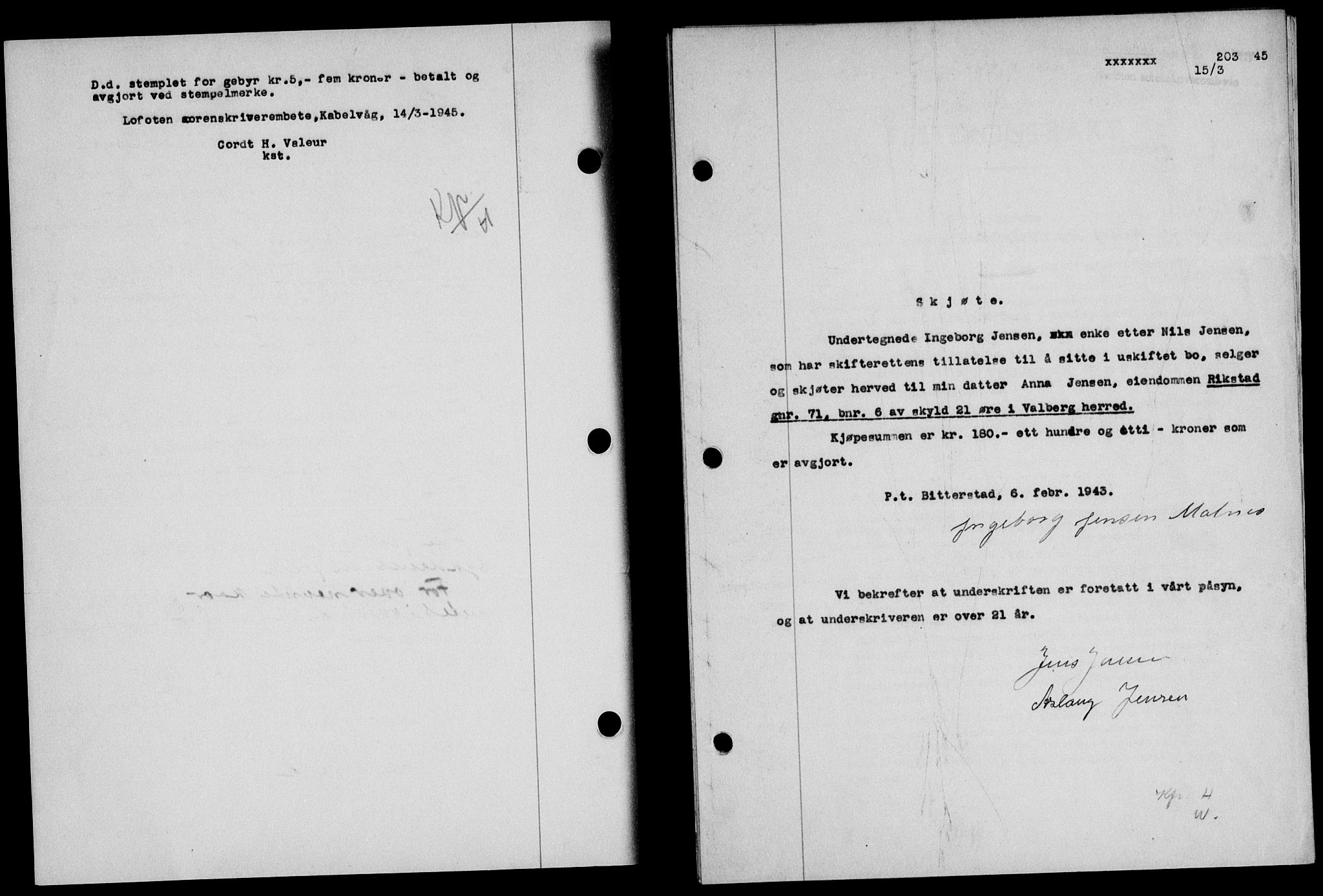 Lofoten sorenskriveri, SAT/A-0017/1/2/2C/L0013a: Mortgage book no. 13a, 1944-1946, Diary no: : 203/1945