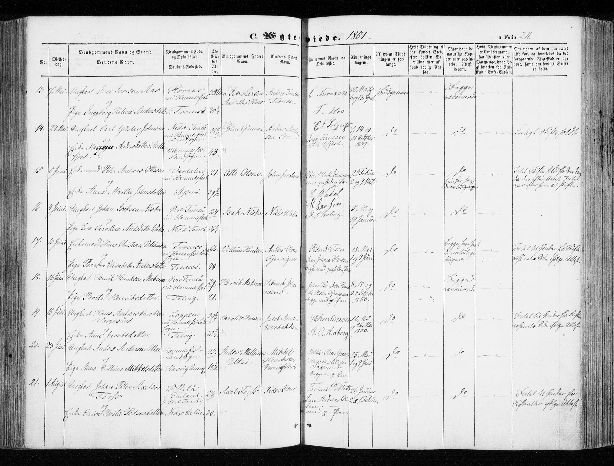 Hammerfest sokneprestkontor, AV/SATØ-S-1347/H/Ha/L0004.kirke: Parish register (official) no. 4, 1843-1856, p. 211