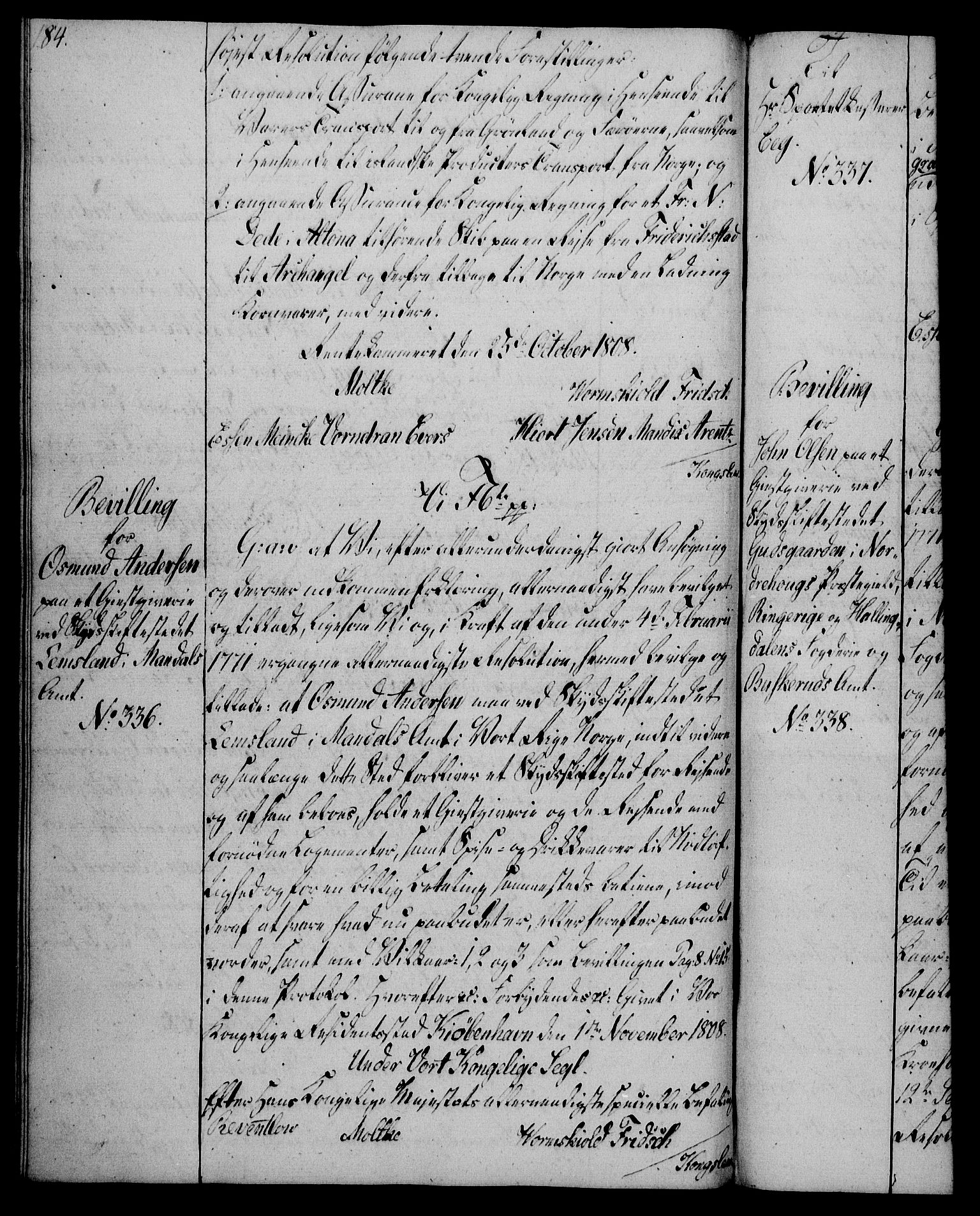 Rentekammeret, Kammerkanselliet, AV/RA-EA-3111/G/Gg/Gga/L0019: Norsk ekspedisjonsprotokoll med register (merket RK 53.19), 1807-1810, p. 184