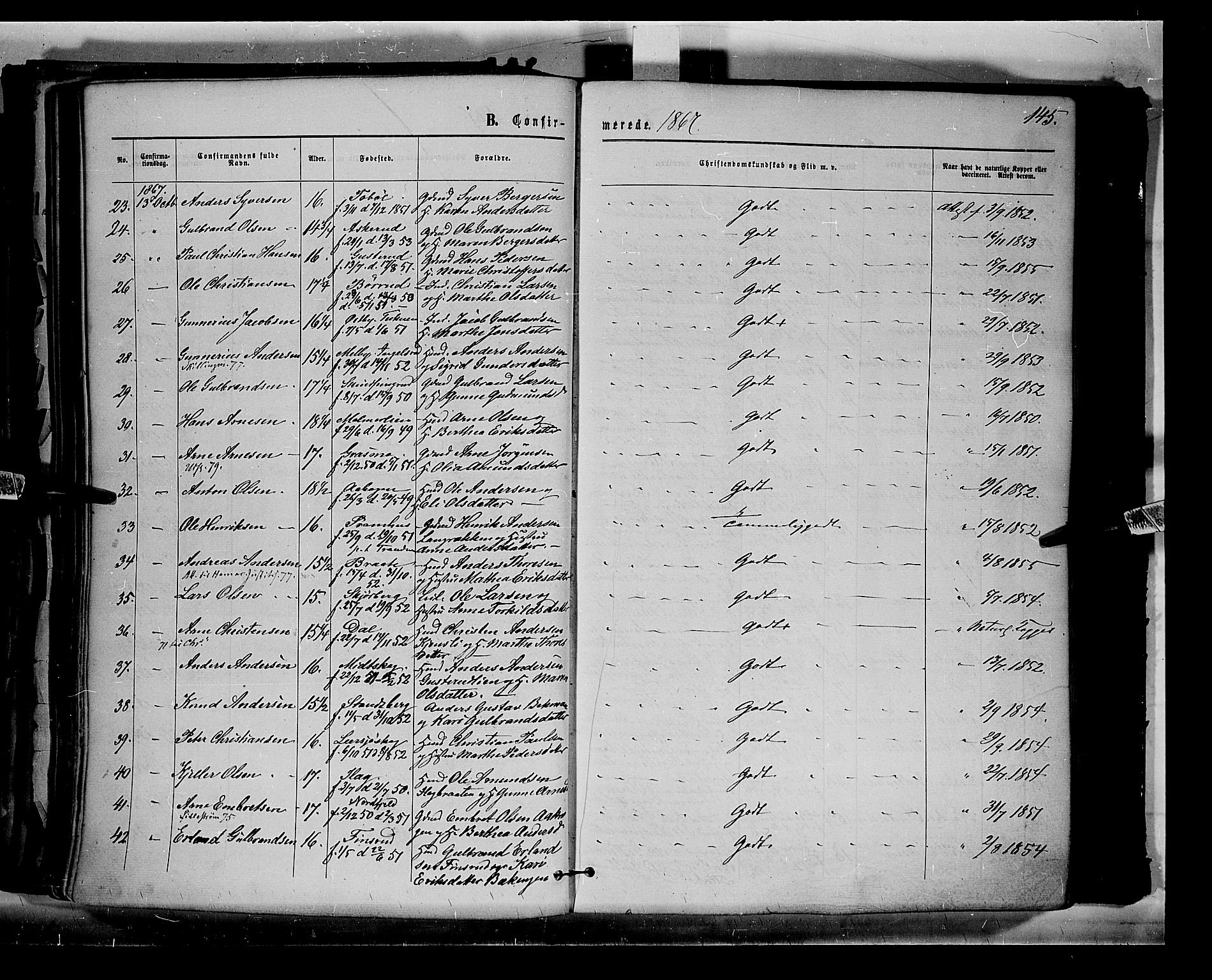 Eidskog prestekontor, AV/SAH-PREST-026/H/Ha/Haa/L0002: Parish register (official) no. 2, 1867-1878, p. 145