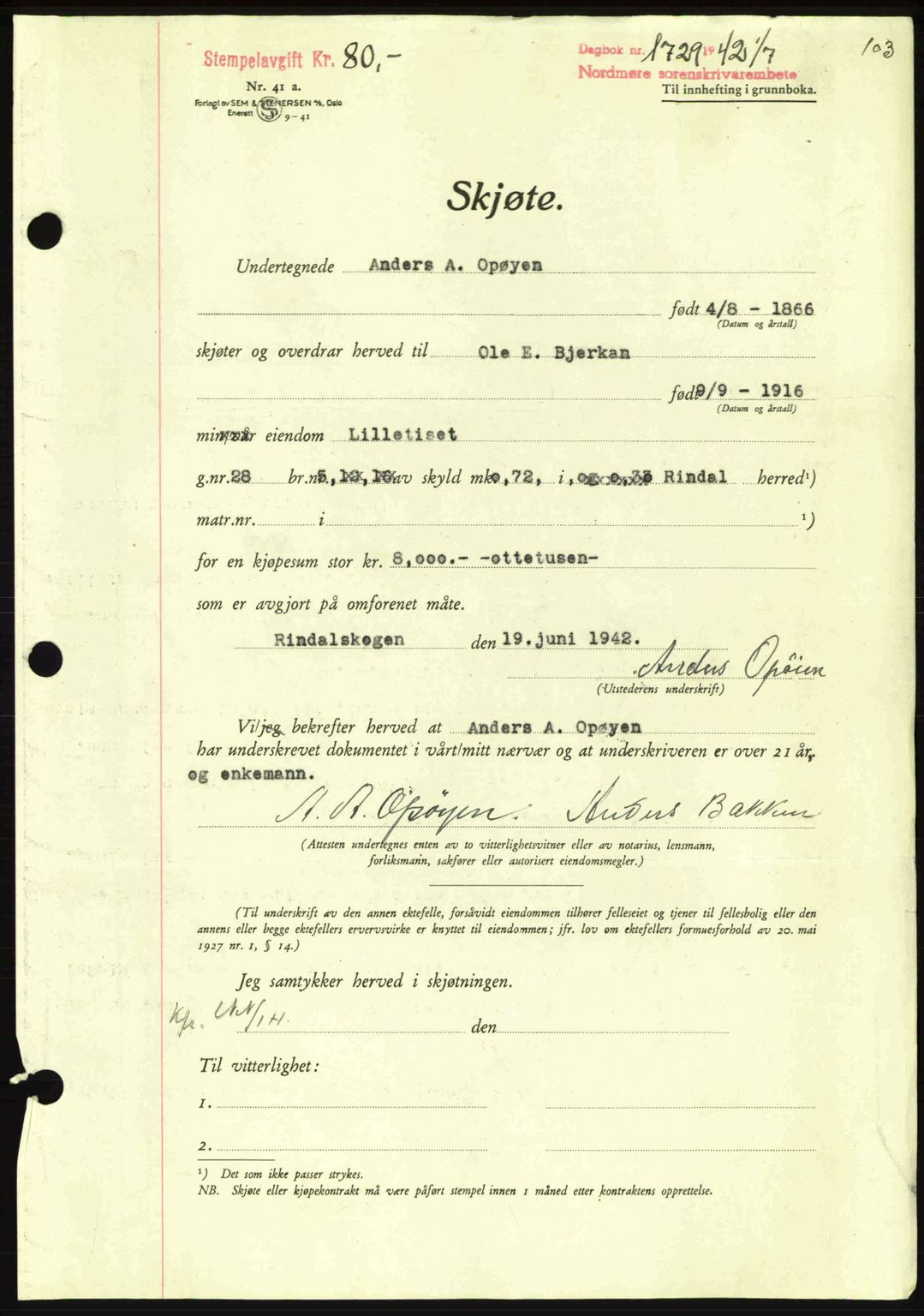 Nordmøre sorenskriveri, AV/SAT-A-4132/1/2/2Ca: Mortgage book no. A93, 1942-1942, Diary no: : 1729/1942