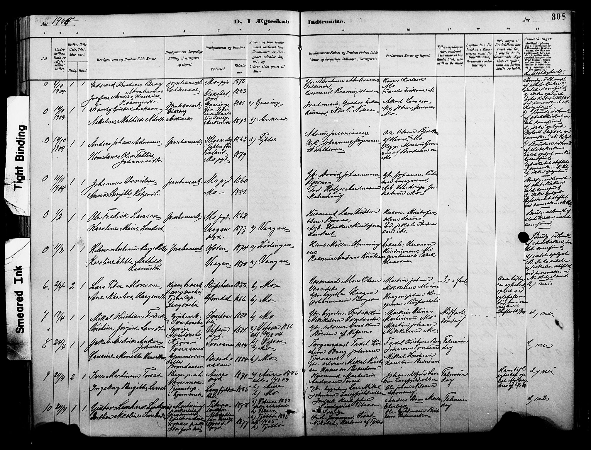 Ministerialprotokoller, klokkerbøker og fødselsregistre - Nordland, AV/SAT-A-1459/827/L0421: Parish register (copy) no. 827C10, 1887-1906, p. 308