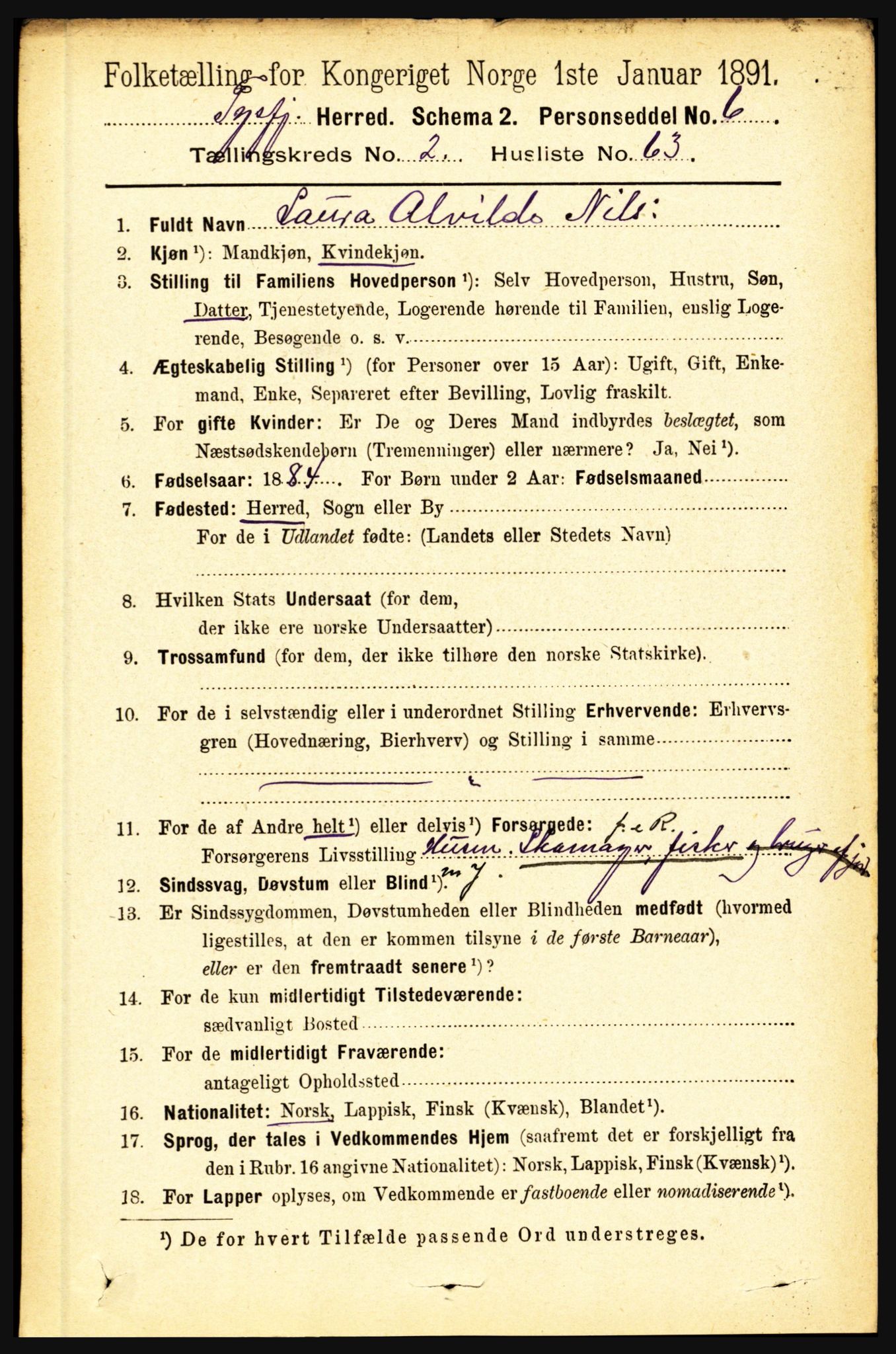 RA, 1891 census for 1850 Tysfjord, 1891, p. 989