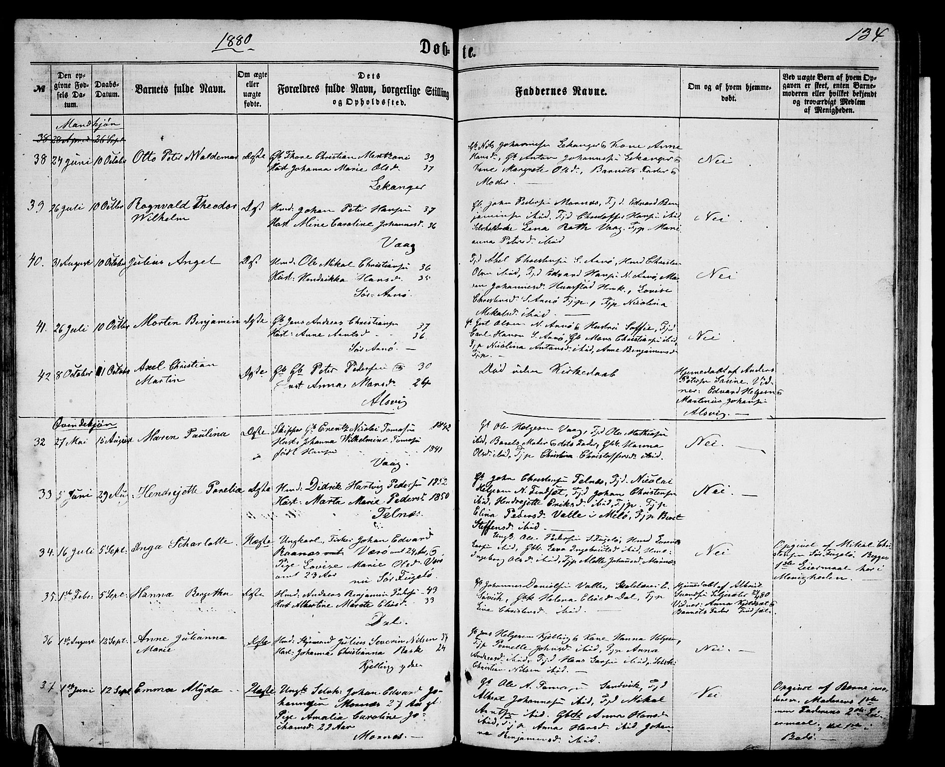 Ministerialprotokoller, klokkerbøker og fødselsregistre - Nordland, AV/SAT-A-1459/805/L0107: Parish register (copy) no. 805C03, 1862-1885, p. 134