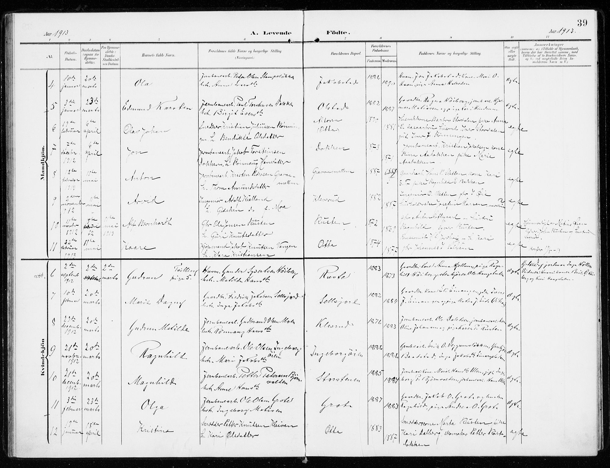 Sel prestekontor, SAH/PREST-074/H/Ha/Haa/L0002: Parish register (official) no. 2, 1905-1919, p. 39