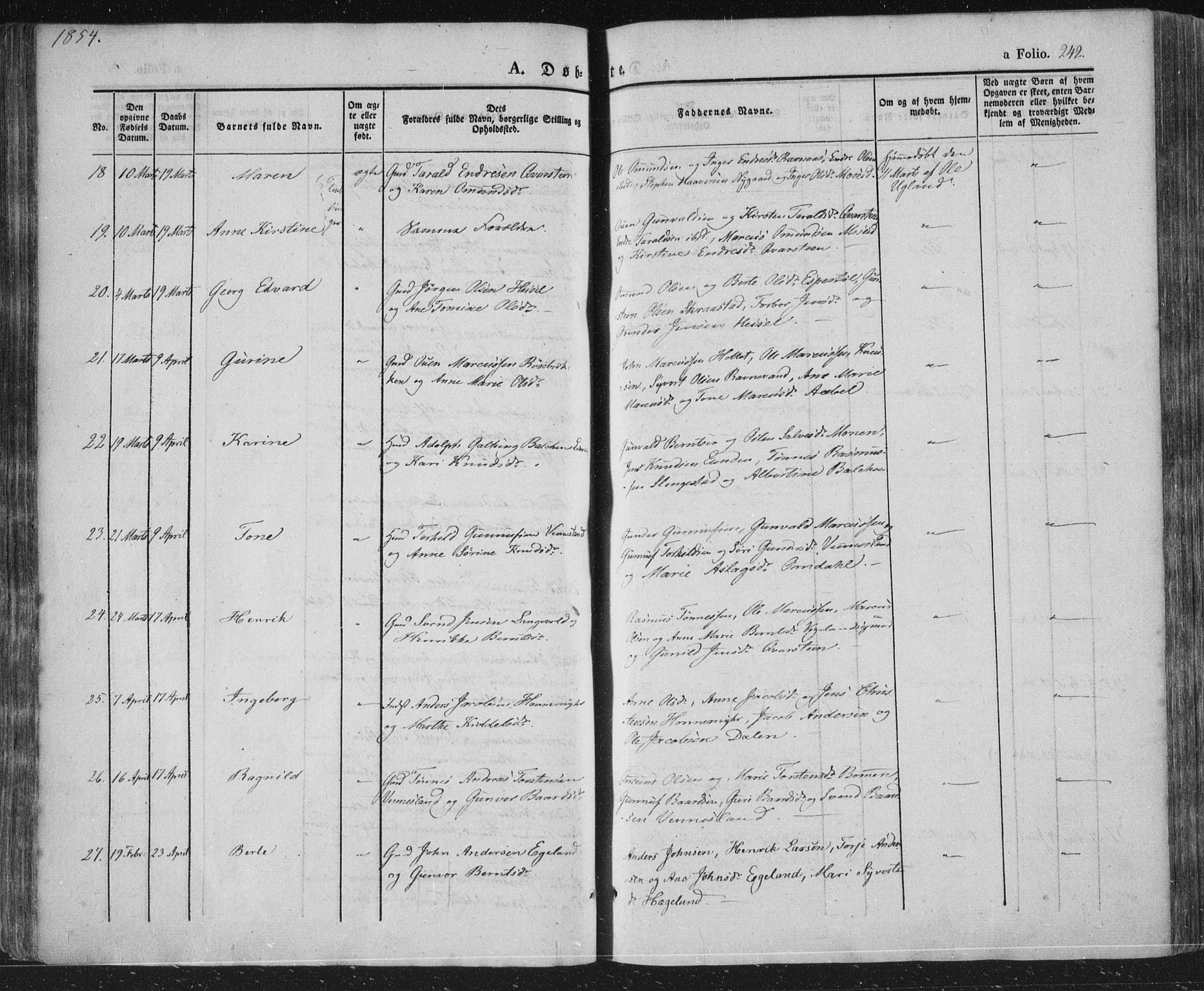 Vennesla sokneprestkontor, SAK/1111-0045/Fa/Fac/L0004: Parish register (official) no. A 4, 1834-1855, p. 242