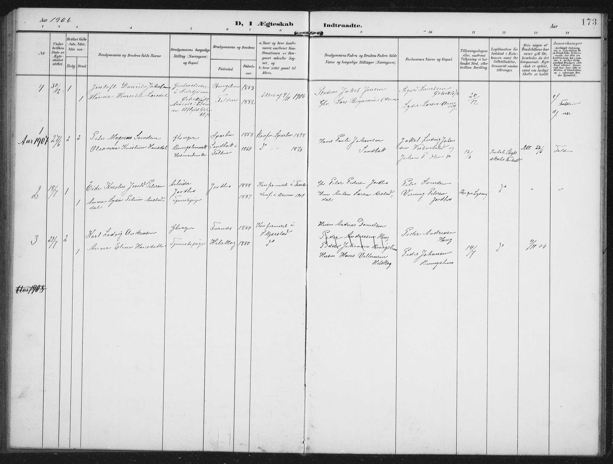 Ministerialprotokoller, klokkerbøker og fødselsregistre - Nordland, AV/SAT-A-1459/851/L0726: Parish register (copy) no. 851C01, 1902-1924, p. 173