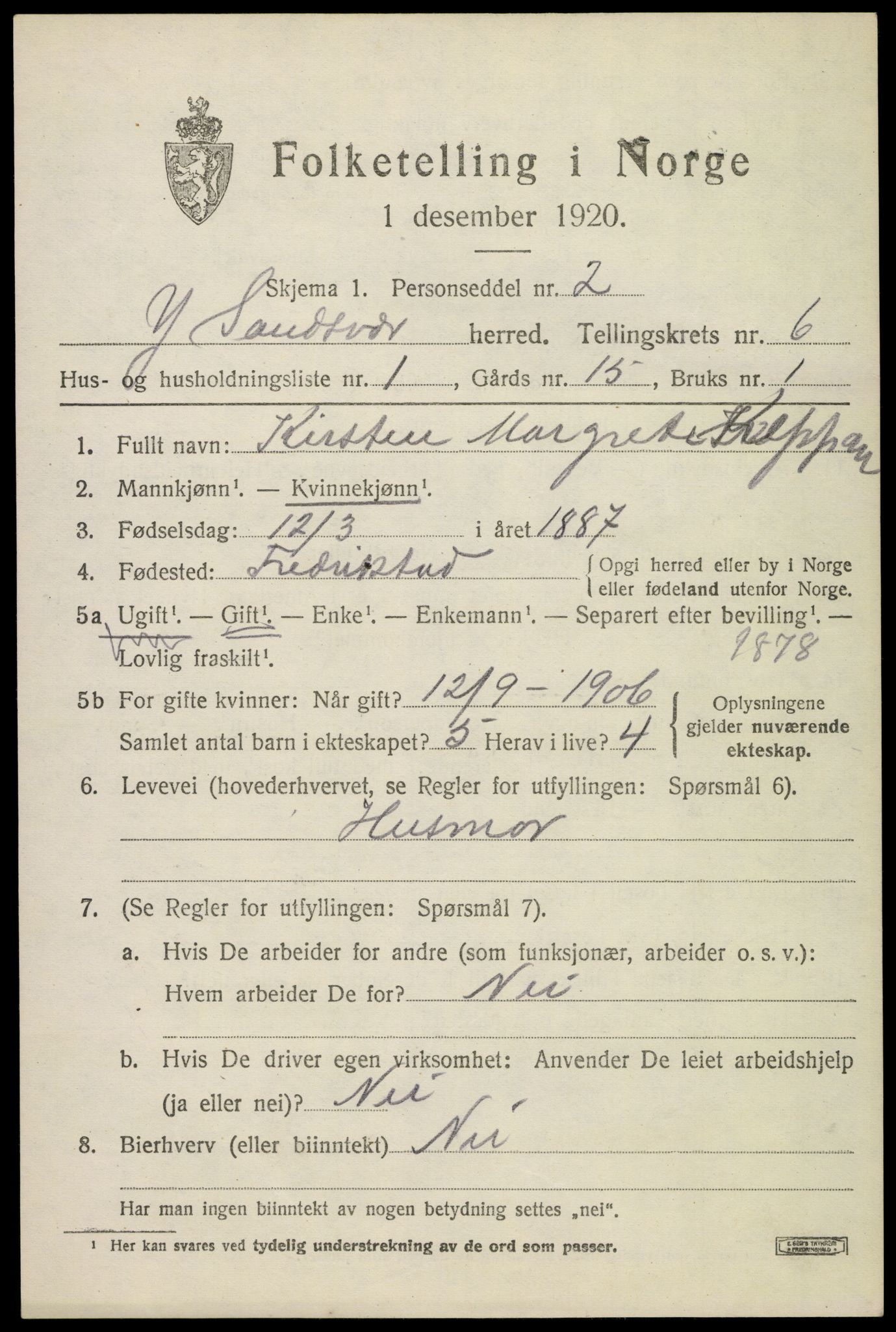 SAKO, 1920 census for Ytre Sandsvær, 1920, p. 4664