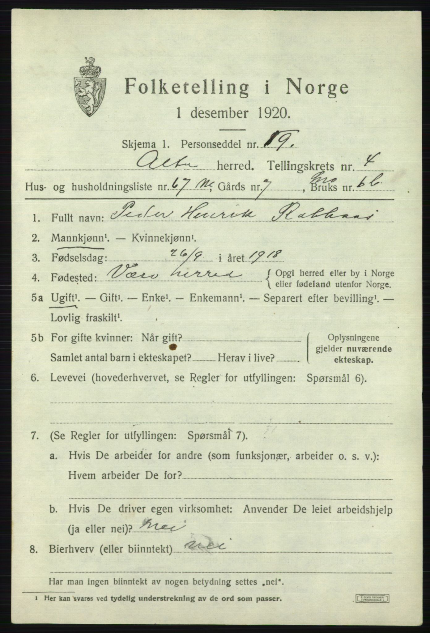 SATØ, 1920 census for Alta, 1920, p. 3305