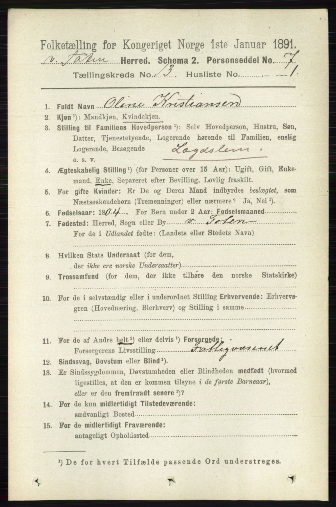 RA, 1891 census for 0529 Vestre Toten, 1891, p. 7820