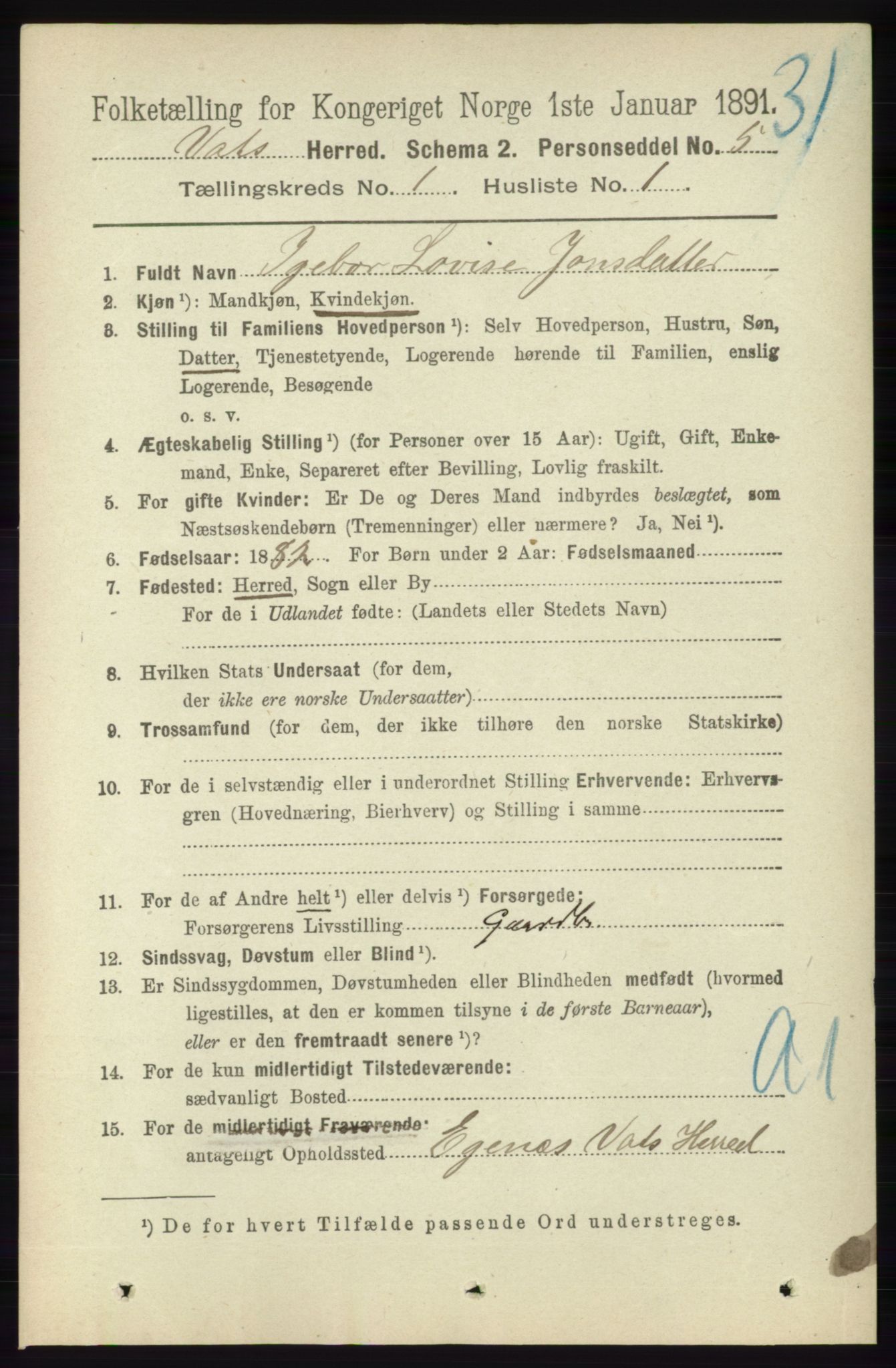 RA, 1891 census for 1155 Vats, 1891, p. 49