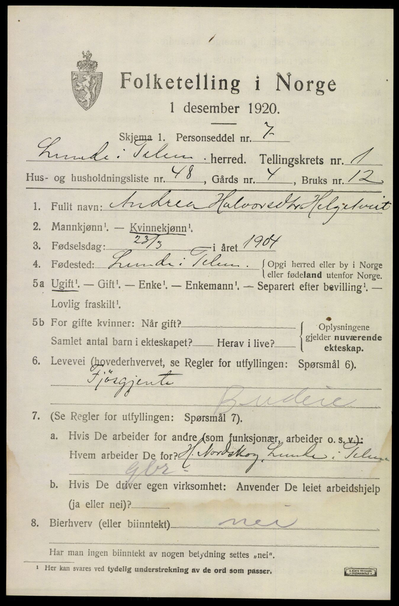 SAKO, 1920 census for Lunde, 1920, p. 1621