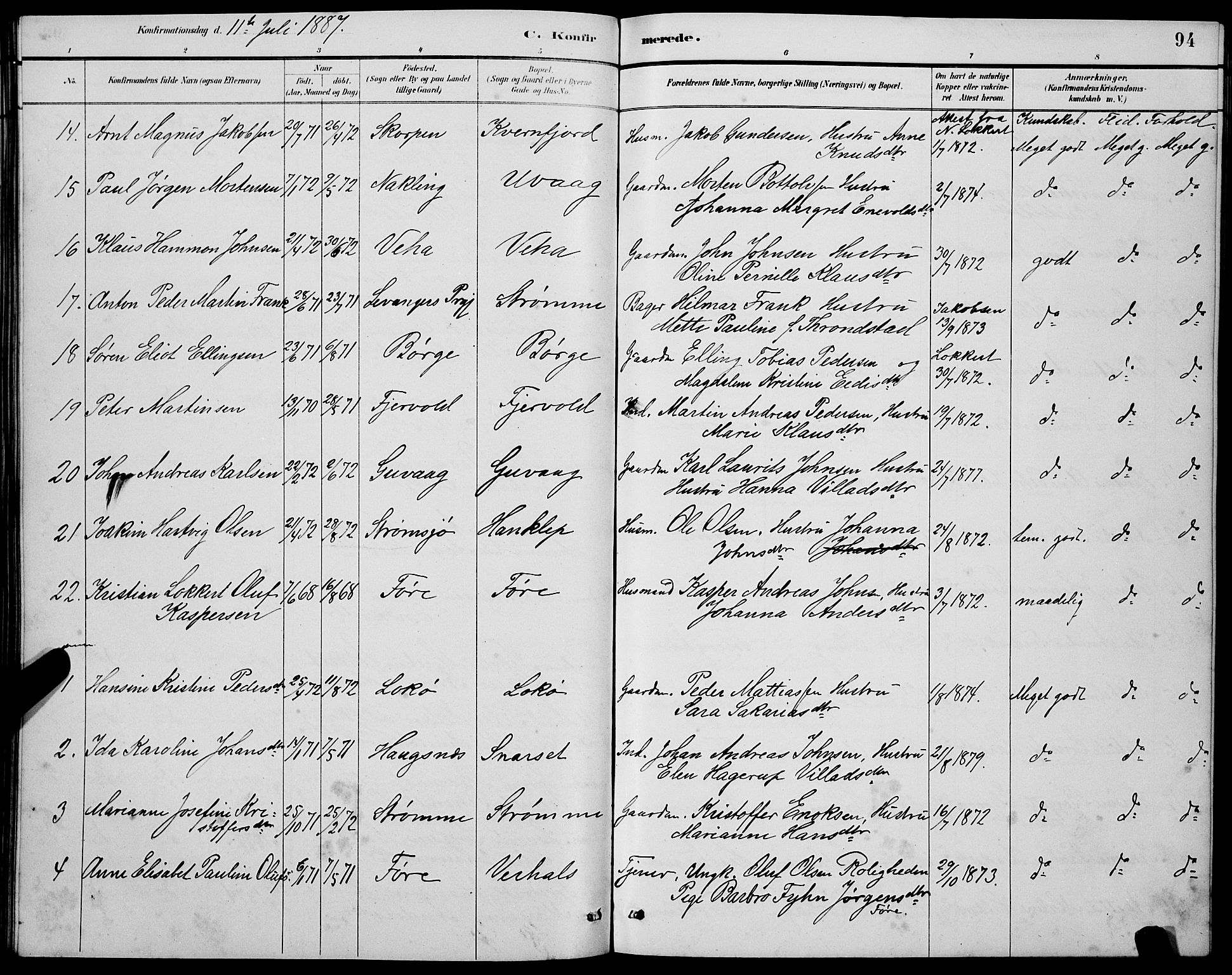 Ministerialprotokoller, klokkerbøker og fødselsregistre - Nordland, AV/SAT-A-1459/891/L1315: Parish register (copy) no. 891C04, 1886-1893, p. 94