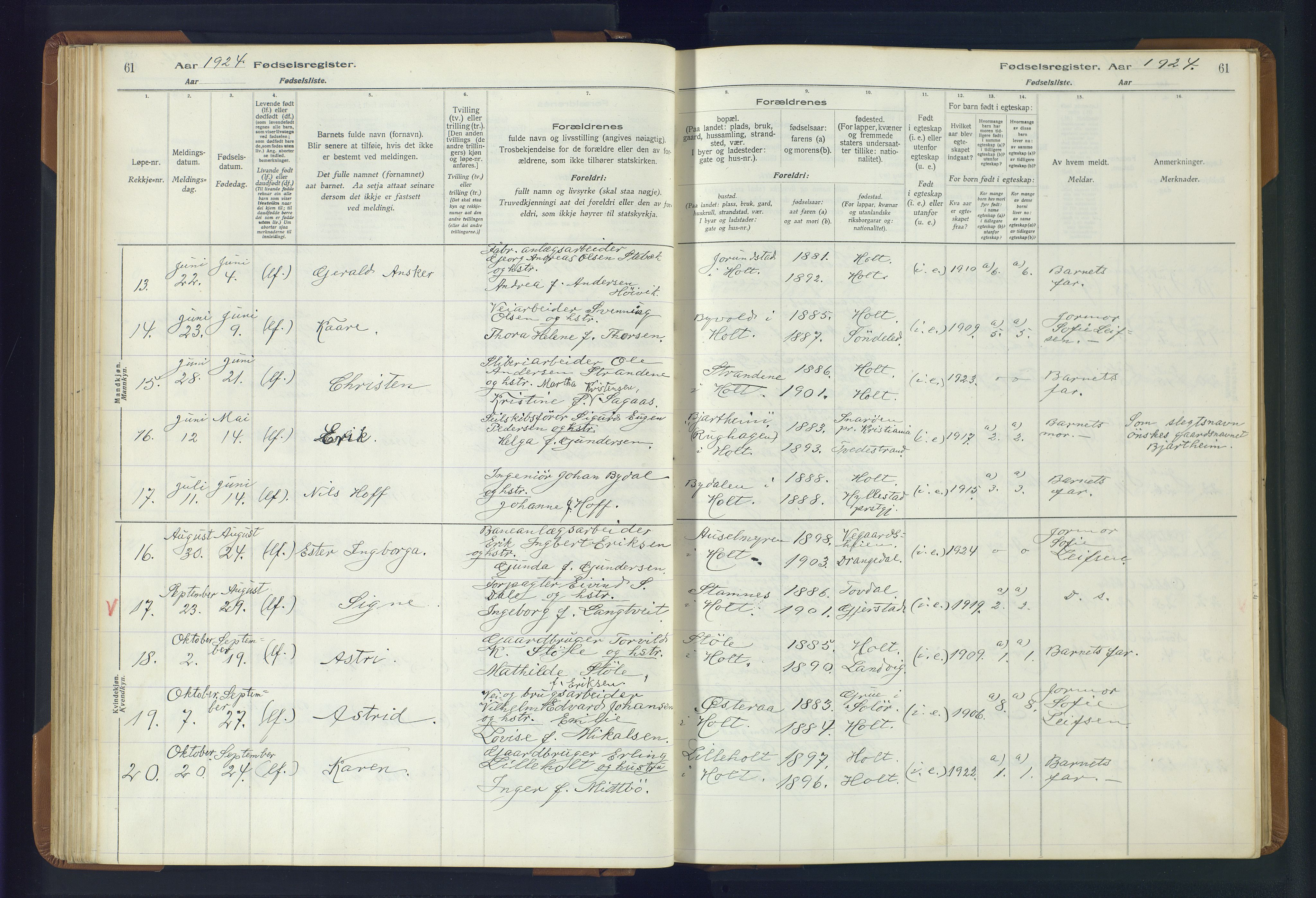 Holt sokneprestkontor, AV/SAK-1111-0021/J/Ja/L0001: Birth register no. II.4.1, 1916-1946, p. 61