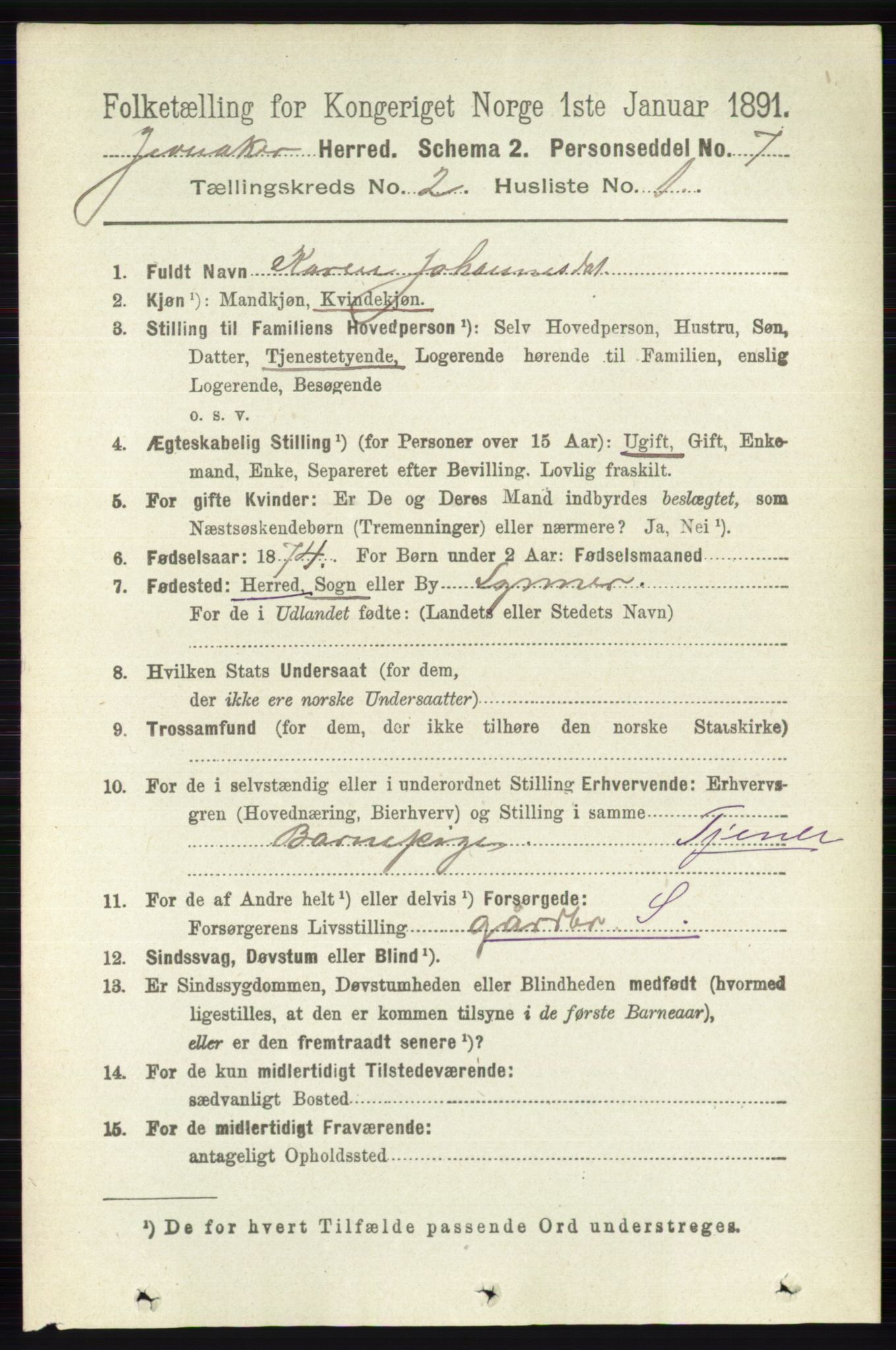 RA, 1891 census for 0532 Jevnaker, 1891, p. 639