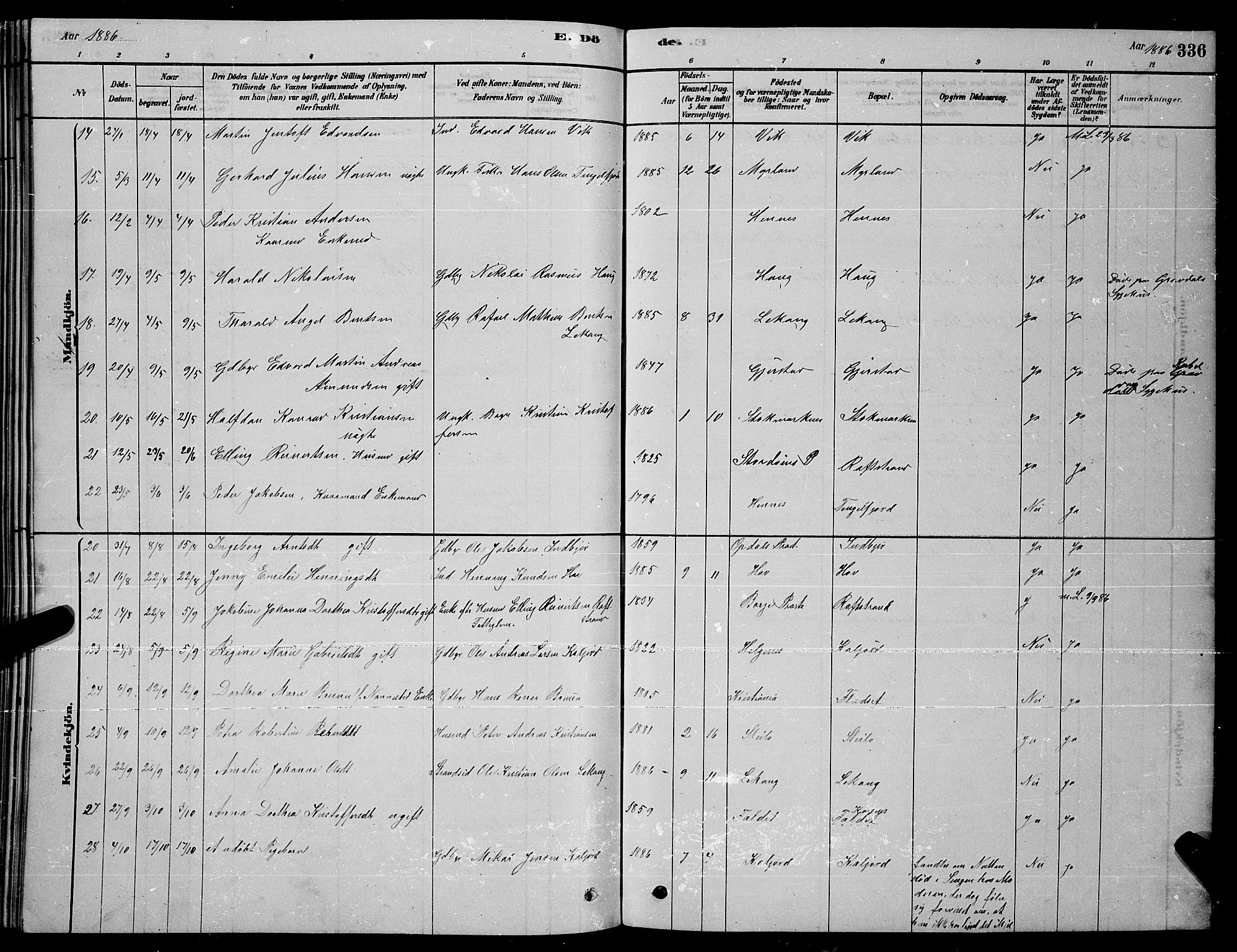 Ministerialprotokoller, klokkerbøker og fødselsregistre - Nordland, AV/SAT-A-1459/888/L1267: Parish register (copy) no. 888C05, 1878-1890, p. 336