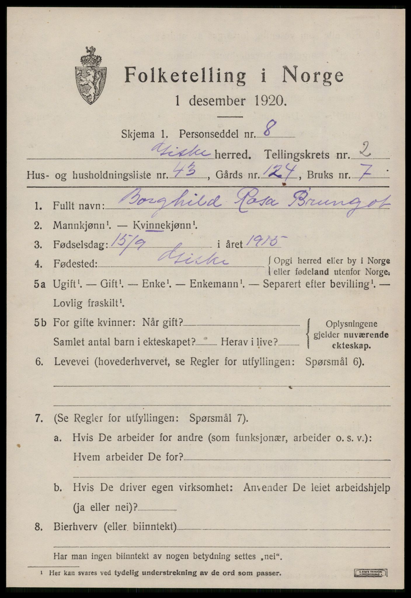 SAT, 1920 census for Giske, 1920, p. 1594