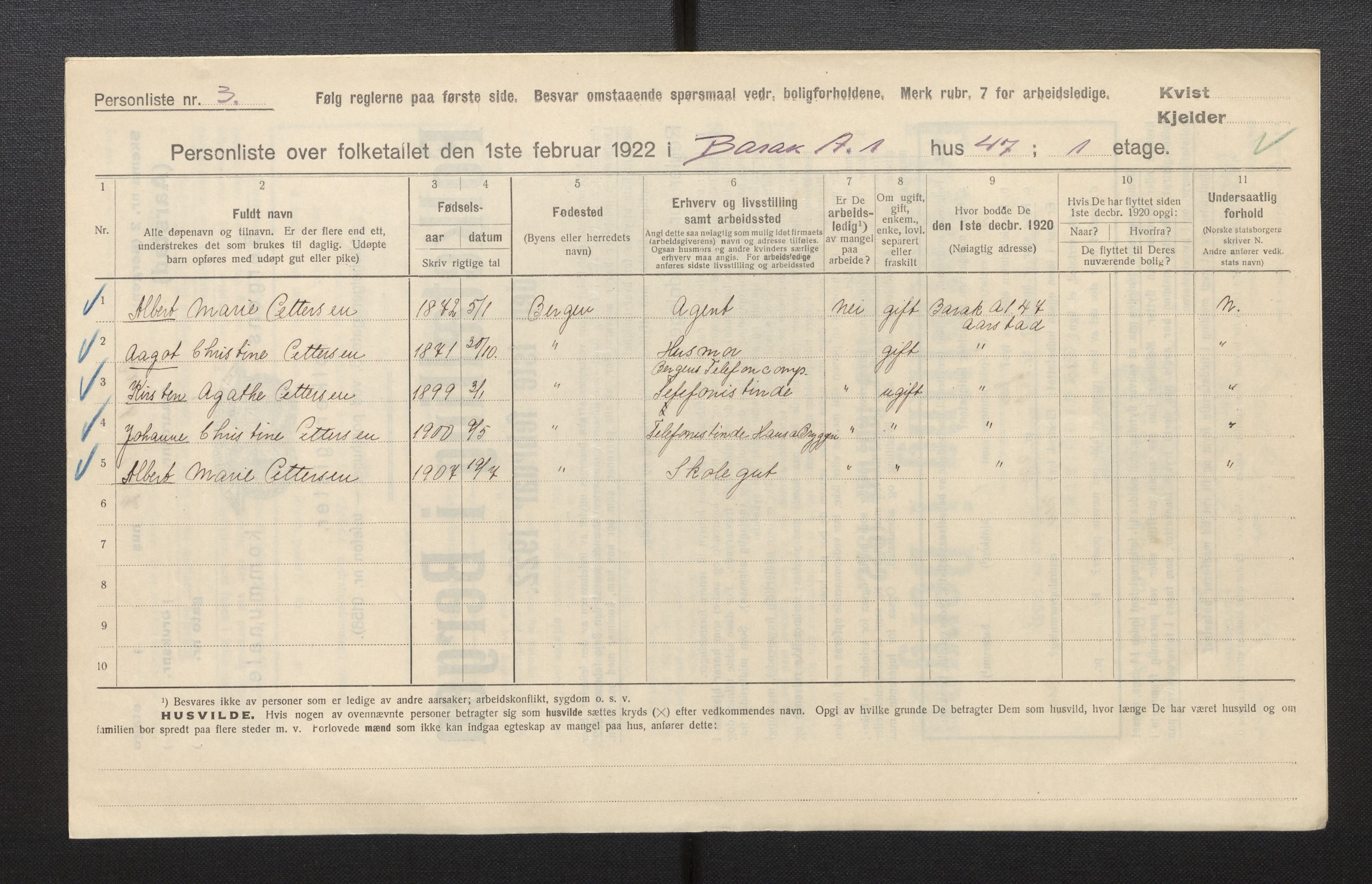 SAB, Municipal Census 1922 for Bergen, 1922, p. 50504