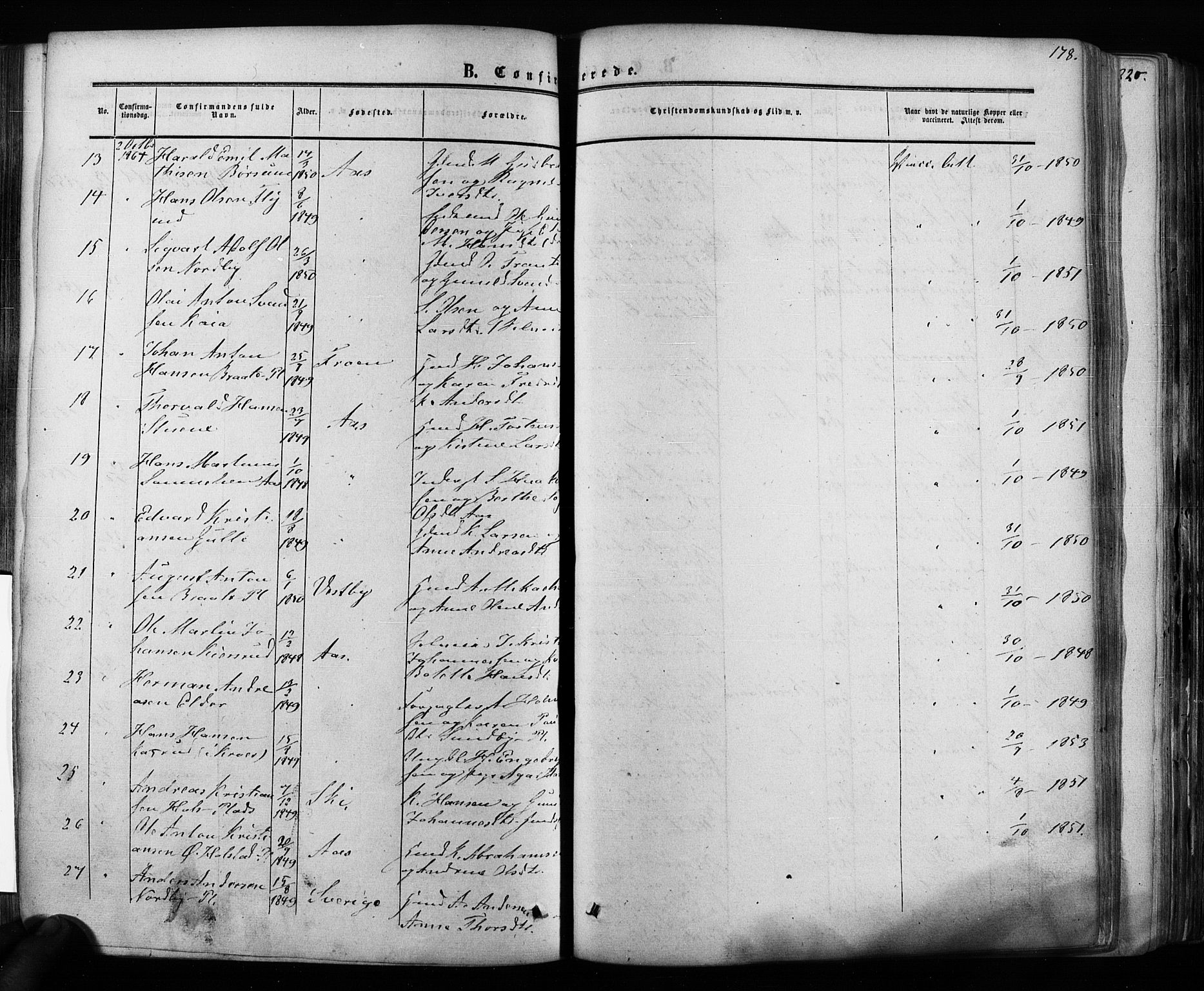 Ås prestekontor Kirkebøker, AV/SAO-A-10894/F/Fa/L0007: Parish register (official) no. I 7, 1854-1870, p. 178