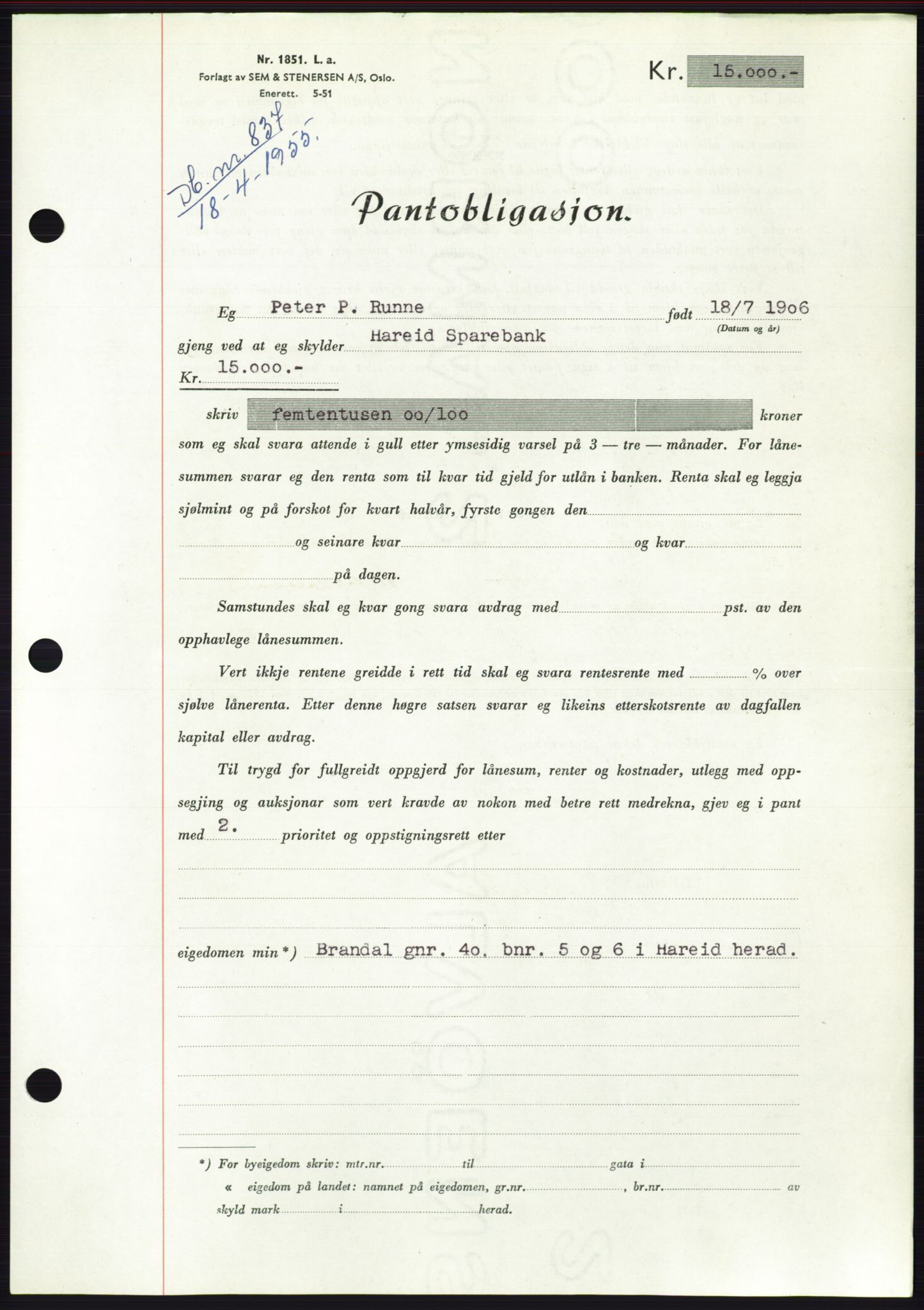 Søre Sunnmøre sorenskriveri, AV/SAT-A-4122/1/2/2C/L0126: Mortgage book no. 14B, 1954-1955, Diary no: : 837/1955