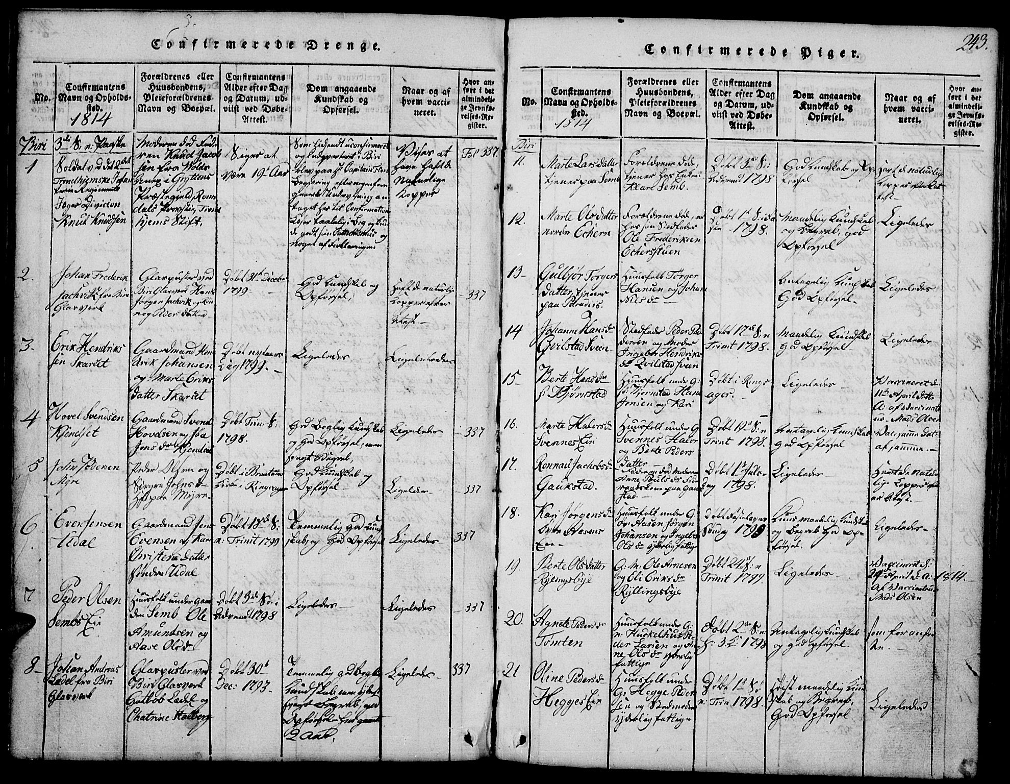 Biri prestekontor, SAH/PREST-096/H/Ha/Hab/L0001: Parish register (copy) no. 1, 1814-1828, p. 243