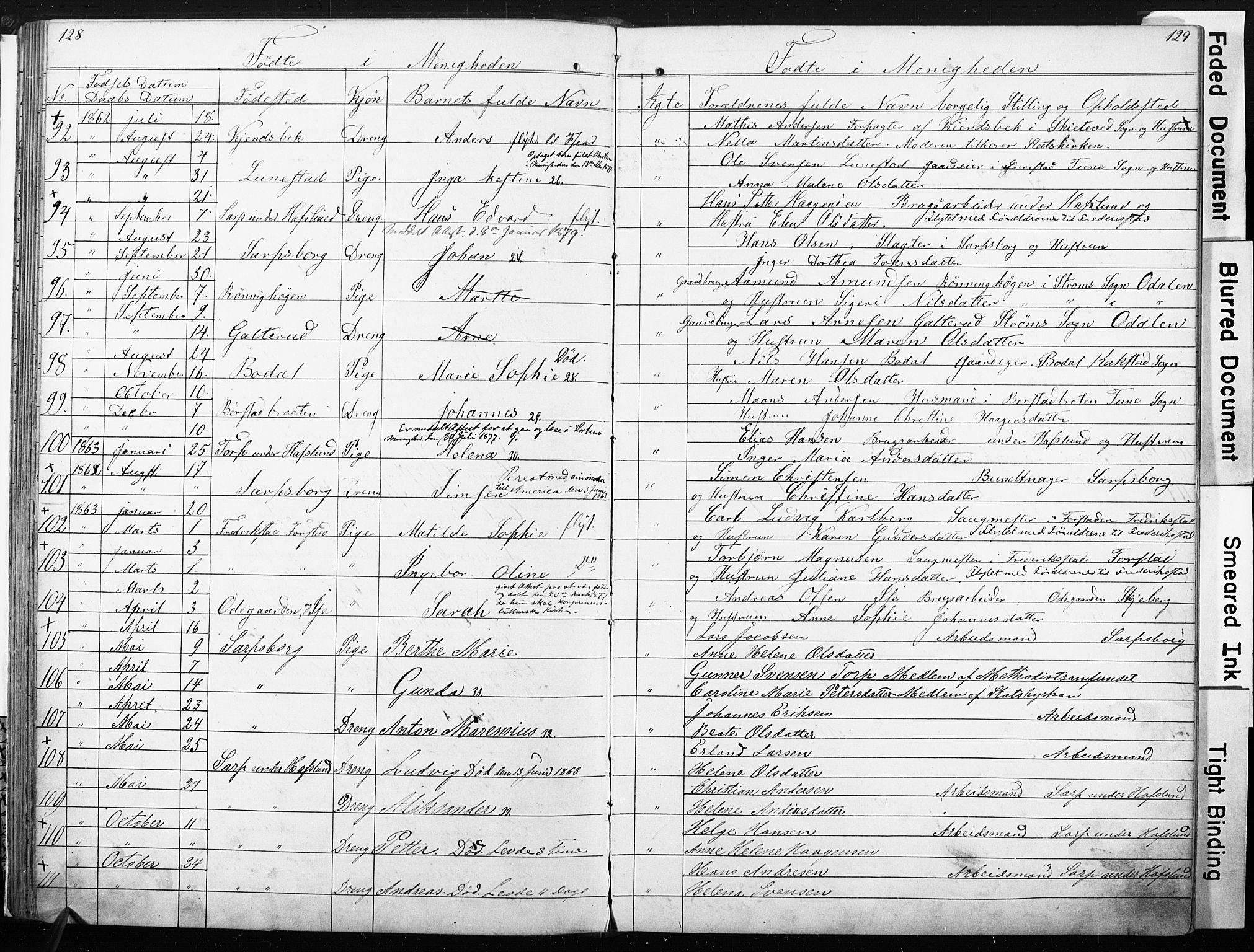 Sarpsborg metodistkirke, SAO/PAO-0233/A/L0001: Dissenter register no. 1, 1856-1875, p. 128-129