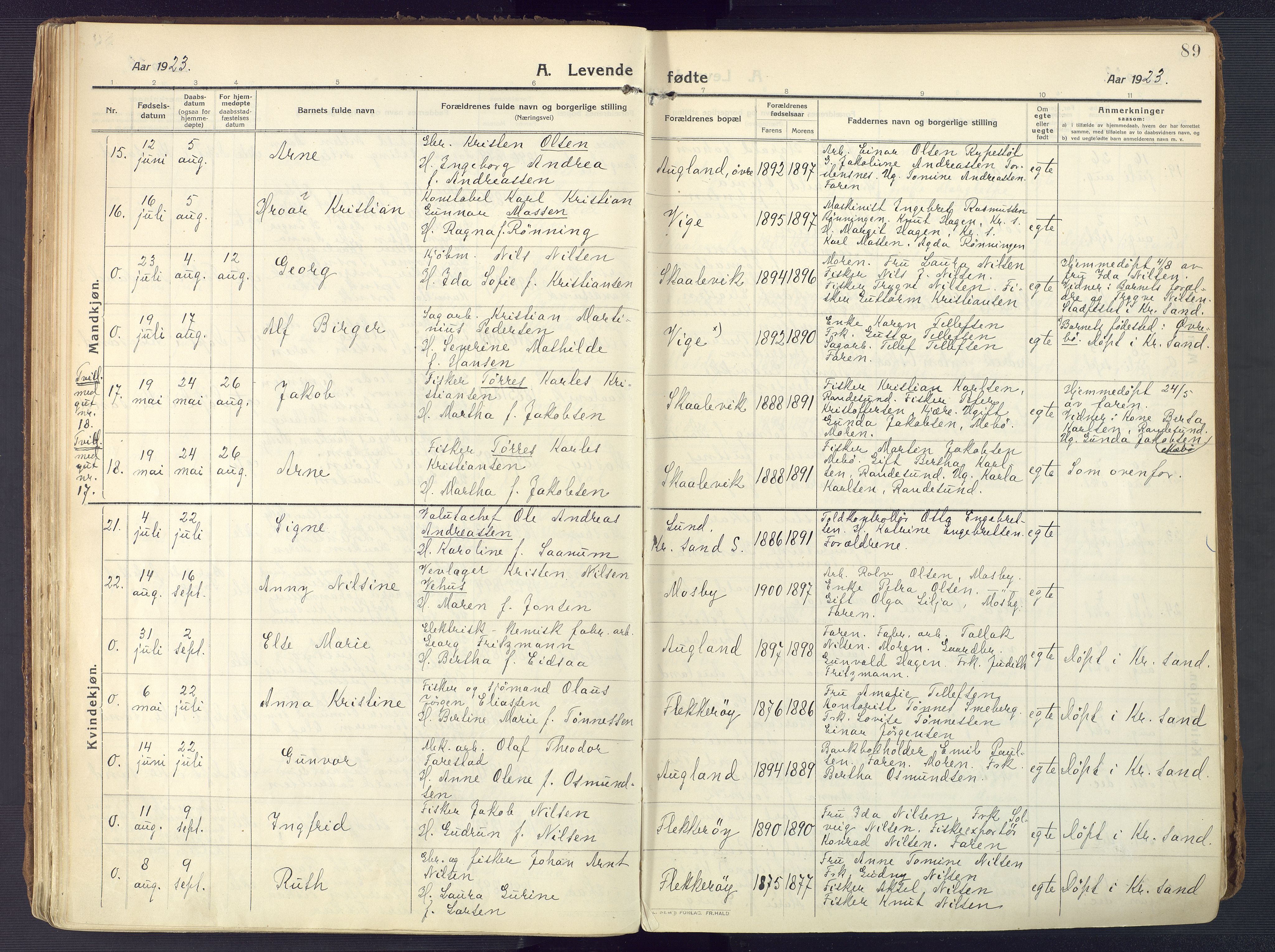 Oddernes sokneprestkontor, AV/SAK-1111-0033/F/Fa/Faa/L0012: Parish register (official) no. A 12, 1912-1925, p. 89