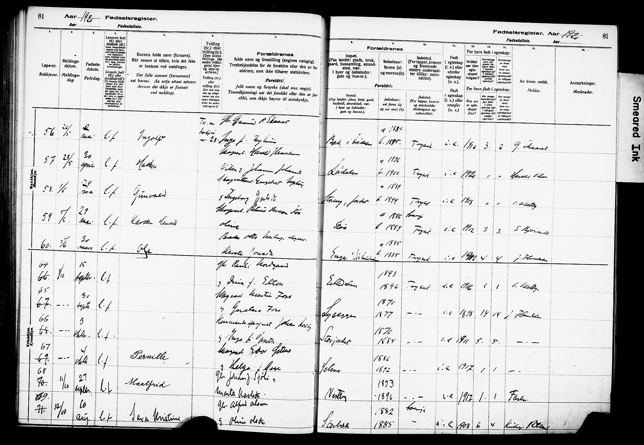 Trysil prestekontor, AV/SAH-PREST-046/I/Id/Ida/L0001: Birth register no. I 1, 1916-1927, p. 81