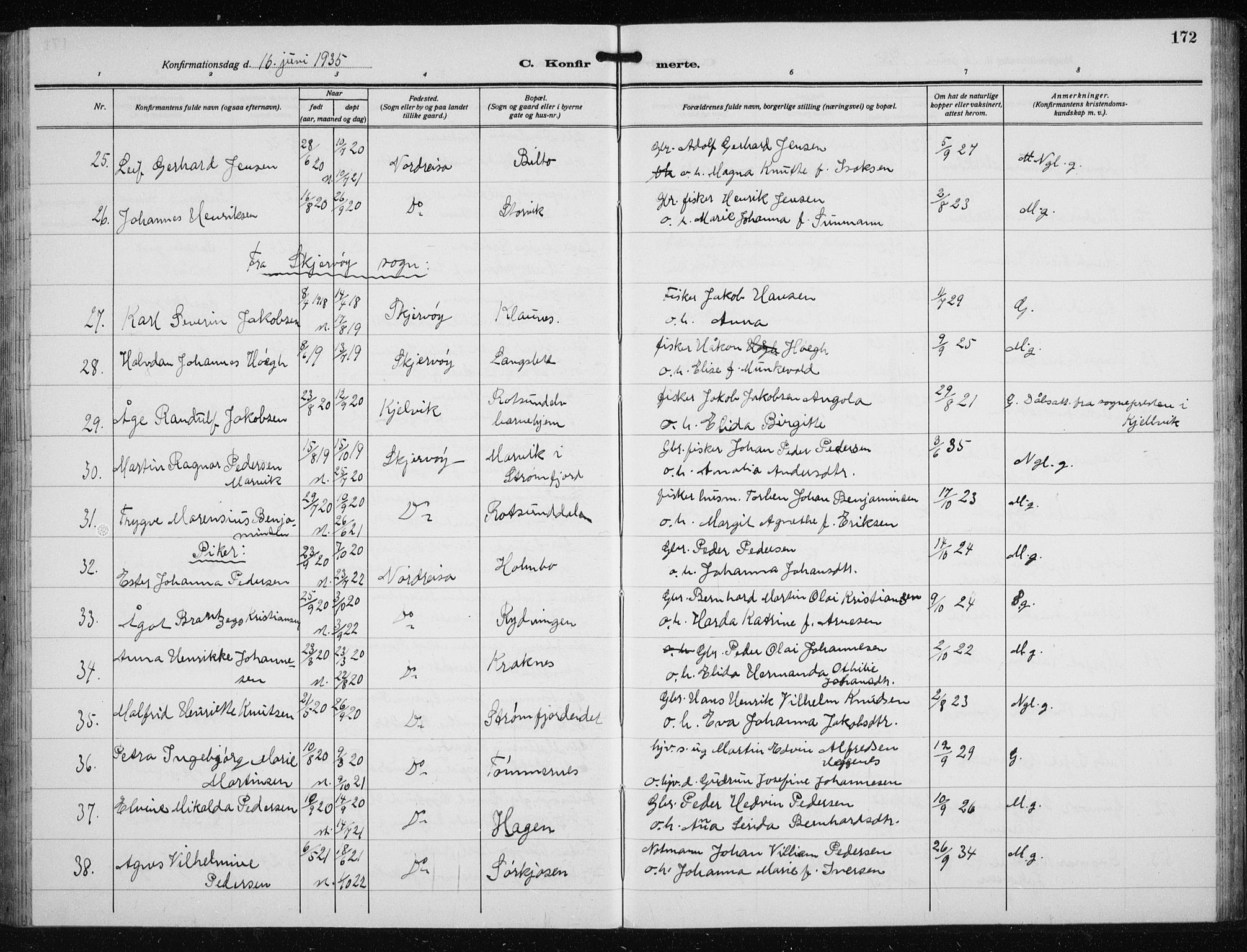 Skjervøy sokneprestkontor, AV/SATØ-S-1300/H/Ha/Hab/L0023klokker: Parish register (copy) no. 23, 1927-1943, p. 172