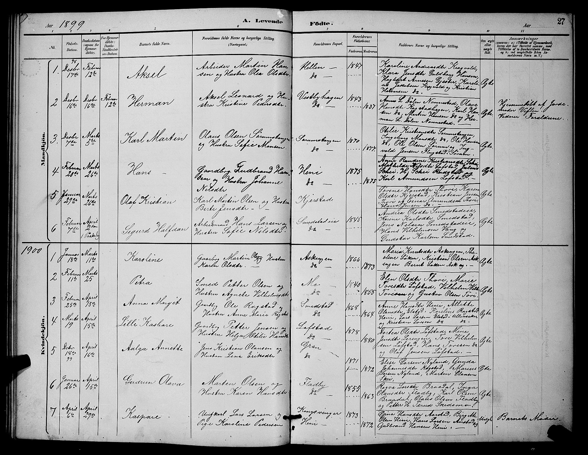 Gjerdrum prestekontor Kirkebøker, AV/SAO-A-10412b/G/Ga/L0005: Parish register (copy) no. I 5, 1891-1901, p. 27