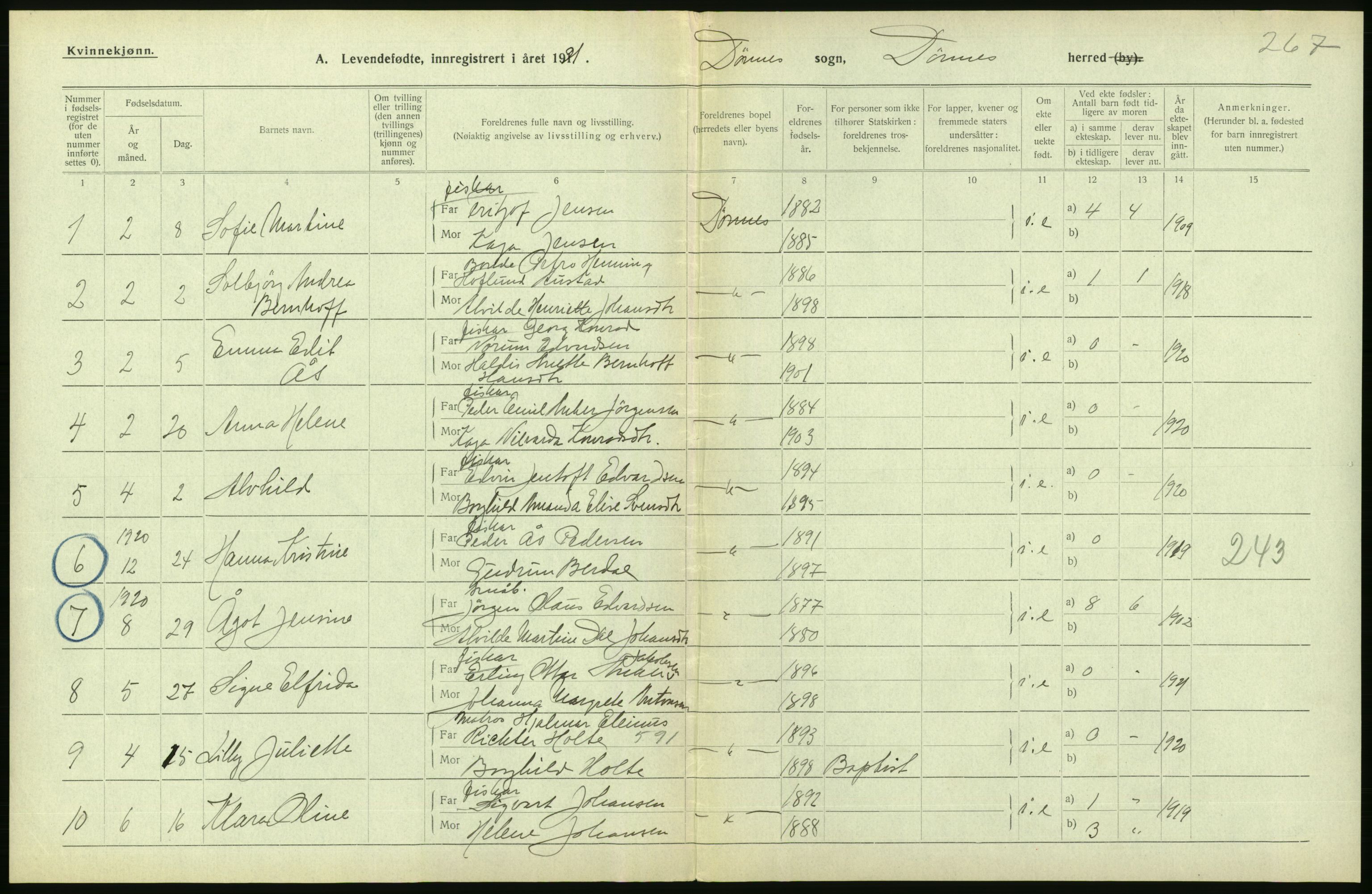 Statistisk sentralbyrå, Sosiodemografiske emner, Befolkning, AV/RA-S-2228/D/Df/Dfc/Dfca/L0049: Nordland fylke: Levendefødte menn og kvinner. Bygder., 1921, p. 94