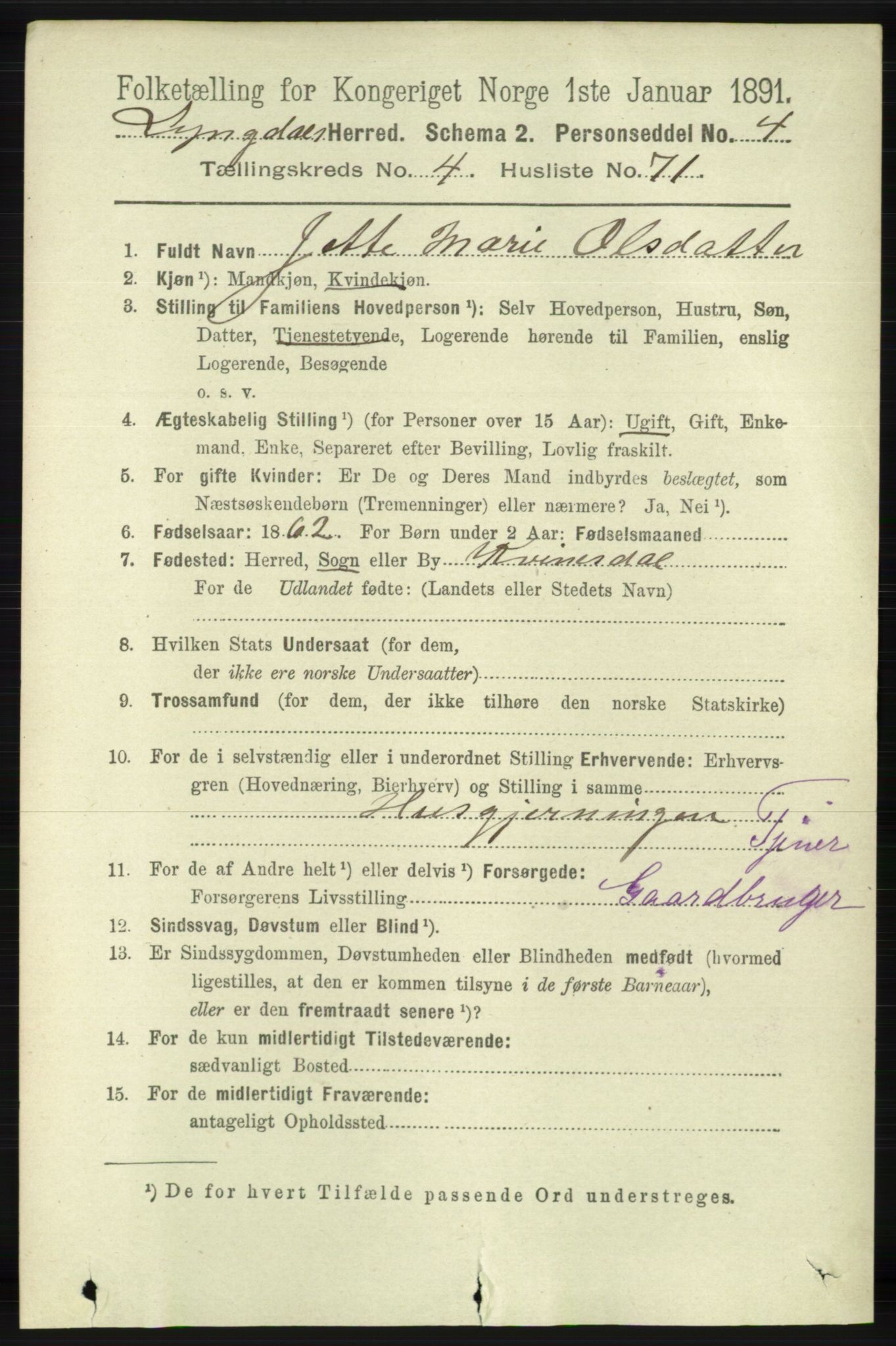 RA, 1891 census for 1032 Lyngdal, 1891, p. 1792