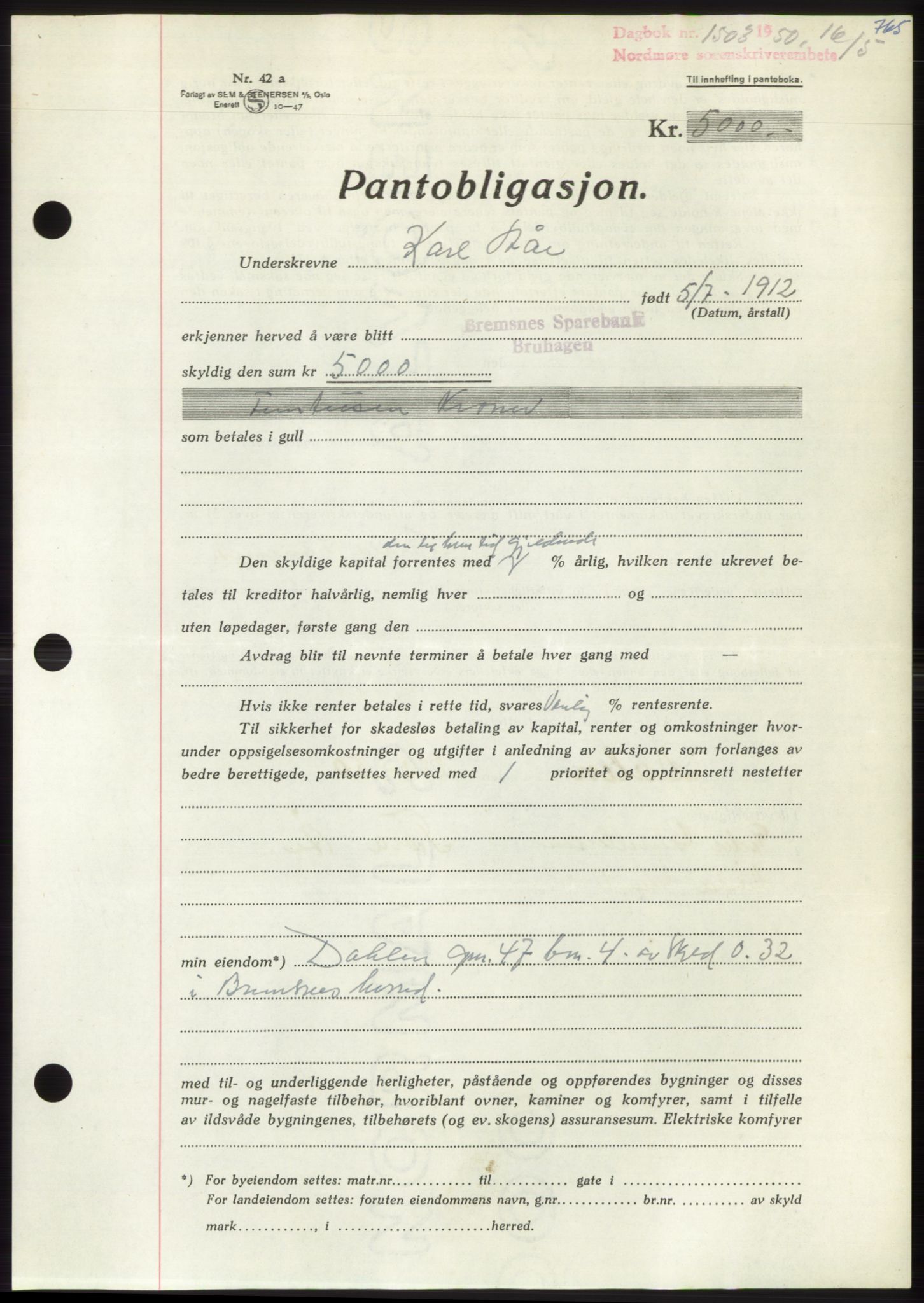 Nordmøre sorenskriveri, AV/SAT-A-4132/1/2/2Ca: Mortgage book no. B104, 1950-1950, Diary no: : 1503/1950