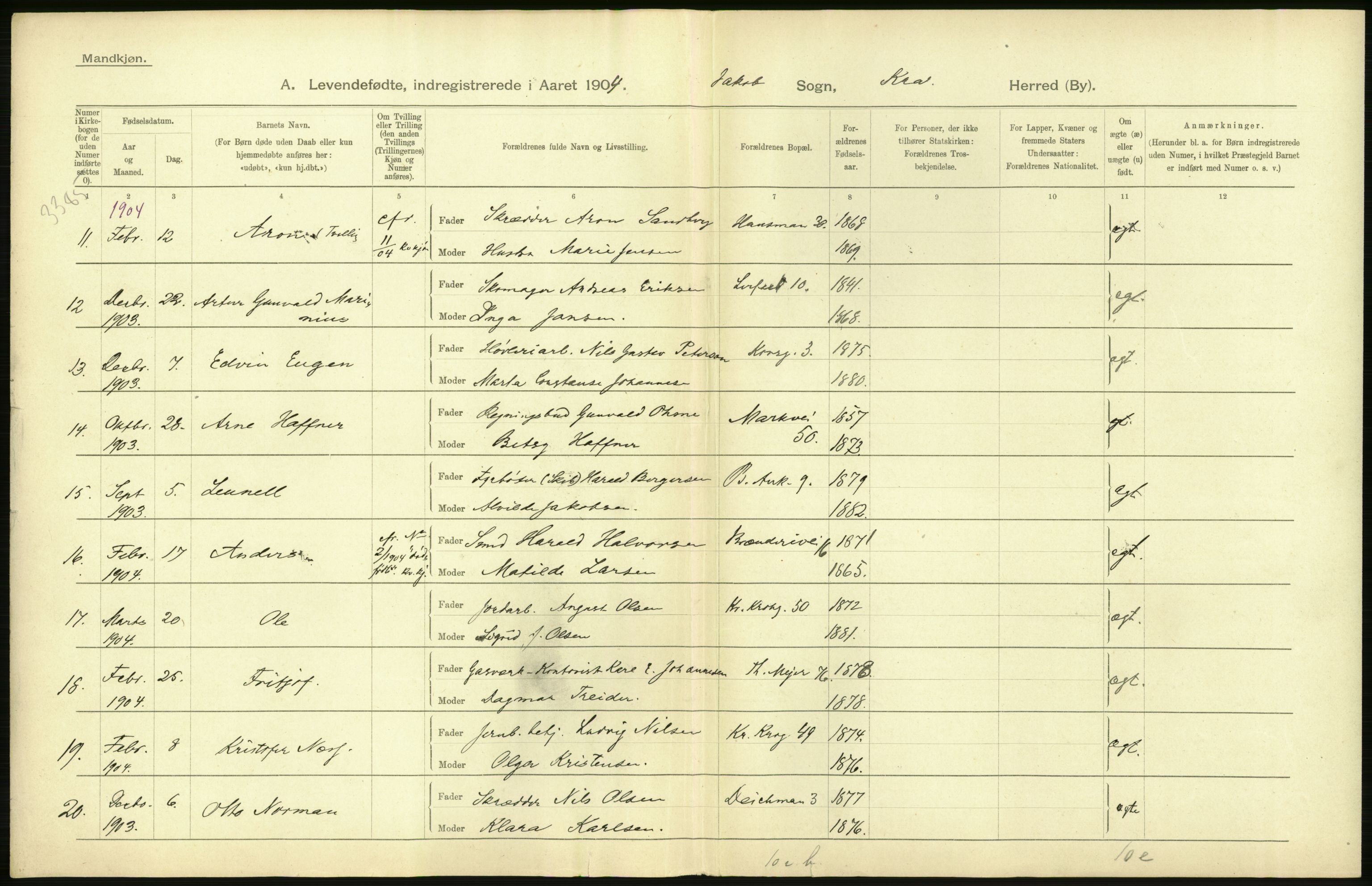 Statistisk sentralbyrå, Sosiodemografiske emner, Befolkning, AV/RA-S-2228/D/Df/Dfa/Dfab/L0003: Kristiania: Fødte, 1904, p. 12